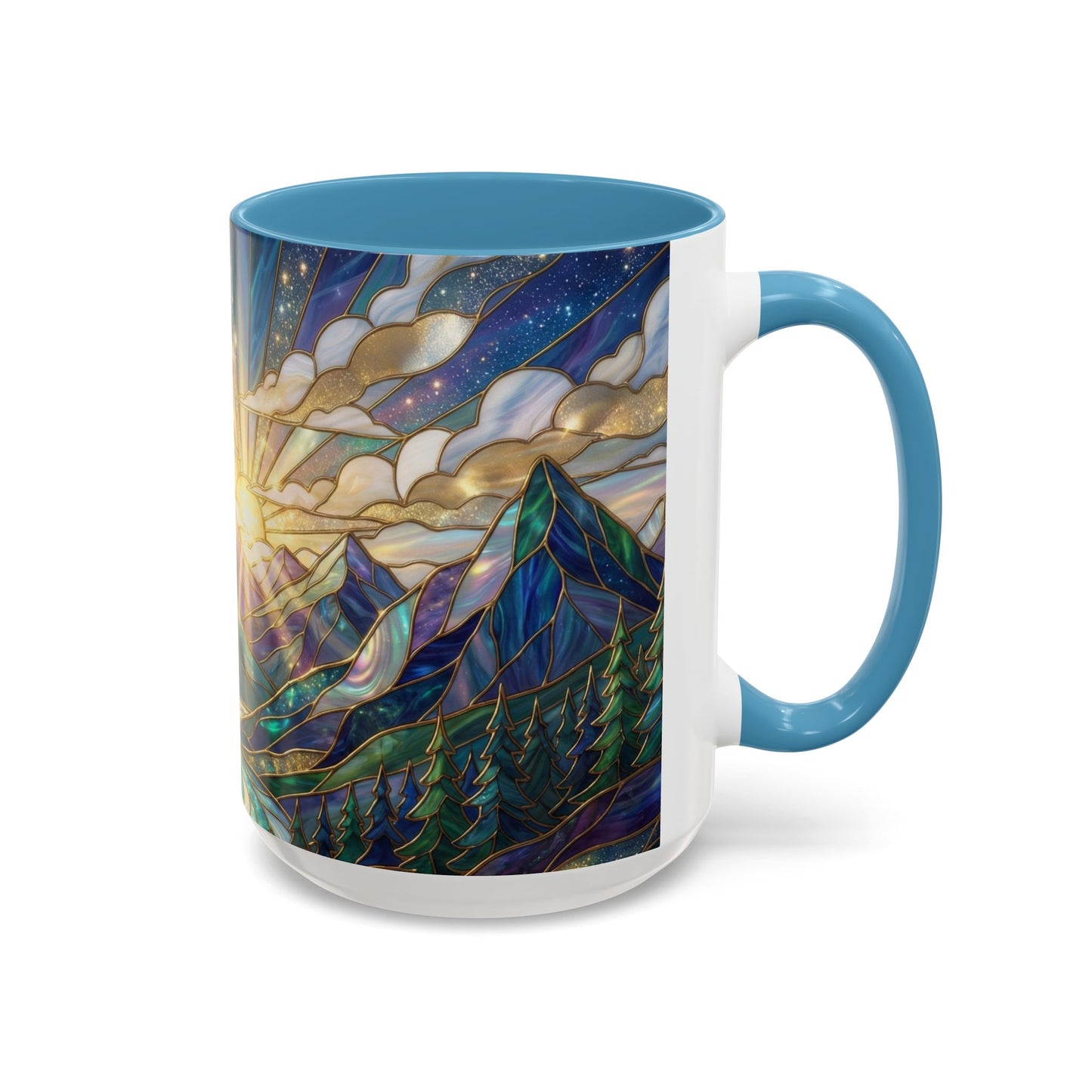 Mountain Art Mug, Scenic Mountain Coffee Cup, Nature Lover Ceramic Mug, Stained Glass Style Landscape, 11oz 15oz Gift, Outdoor Hiking Mug, Unique Coffee Tea Cup