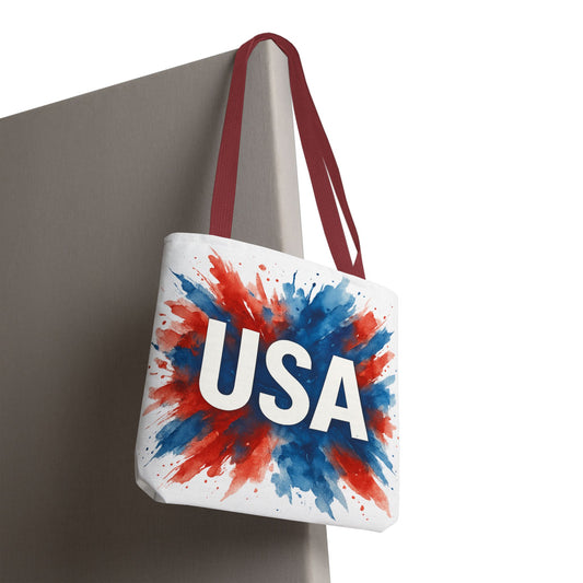 USA Watercolor Splash Tote Bag | Patriotic Canvas Carryall for 4th of July, Memorial Day, Reusable Beach and Grocery Shopper, Eco Gift