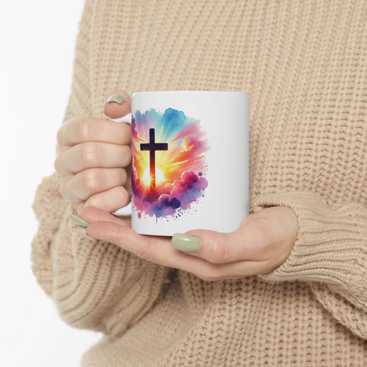Christian Cross Sunrise Mug – Inspirational Faith Coffee Cup with Colorful Sky & Clouds, Religious Gift, Dishwasher Safe Prayer Mug