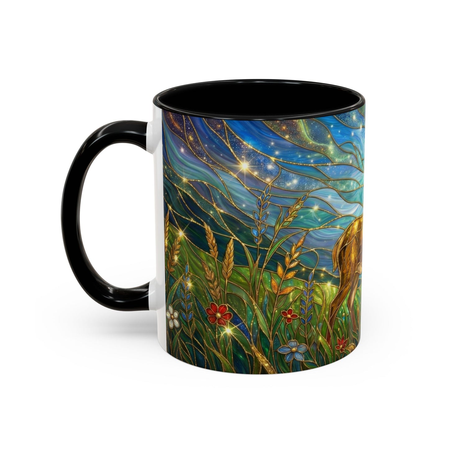 Stained Glass Deer Mug, Woodland Art Coffee Cup, Nature Forest Mug, Blue Green Gold Glass Style Mug, Gift For Nature Lovers Decor