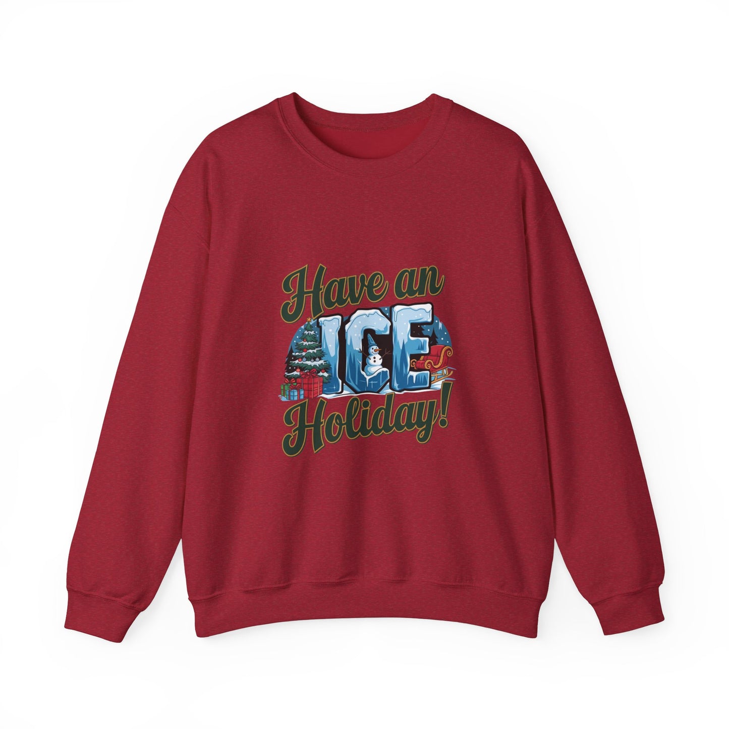 Have an ICE Holiday Christmas Sweatshirt, Funny Winter Pun Sweater, Cozy Unisex Crewneck, Cool Snowman Holiday Gift For Him Or Her