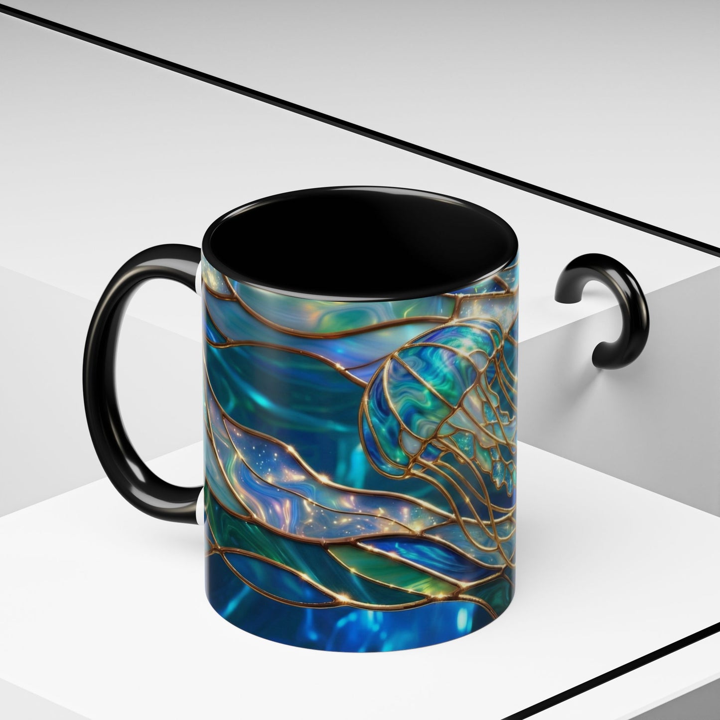 Stained Glass Jellyfish Mug, Ocean Art Coffee Cup, Nautical Sea Life Mug, Blue Teal Gold Glass Style Mug, Gift For Ocean Lovers Decor