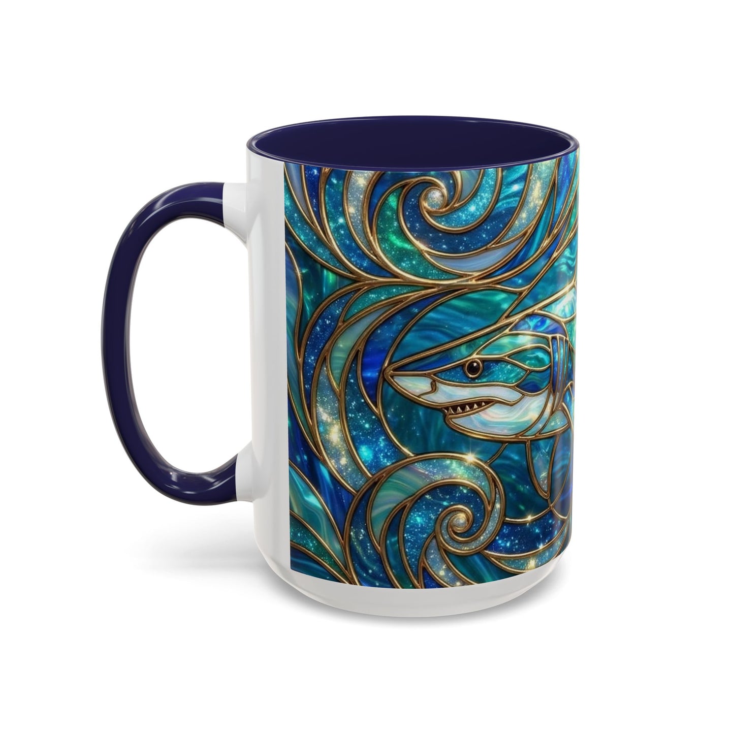 Stained Glass Shark Mug, Ocean Art Coffee Cup, Blue Shark Gift, Sea Life Ceramic Mug, Artistic Shark Design, Marine Lover Gift, Unique Ocean Mug
