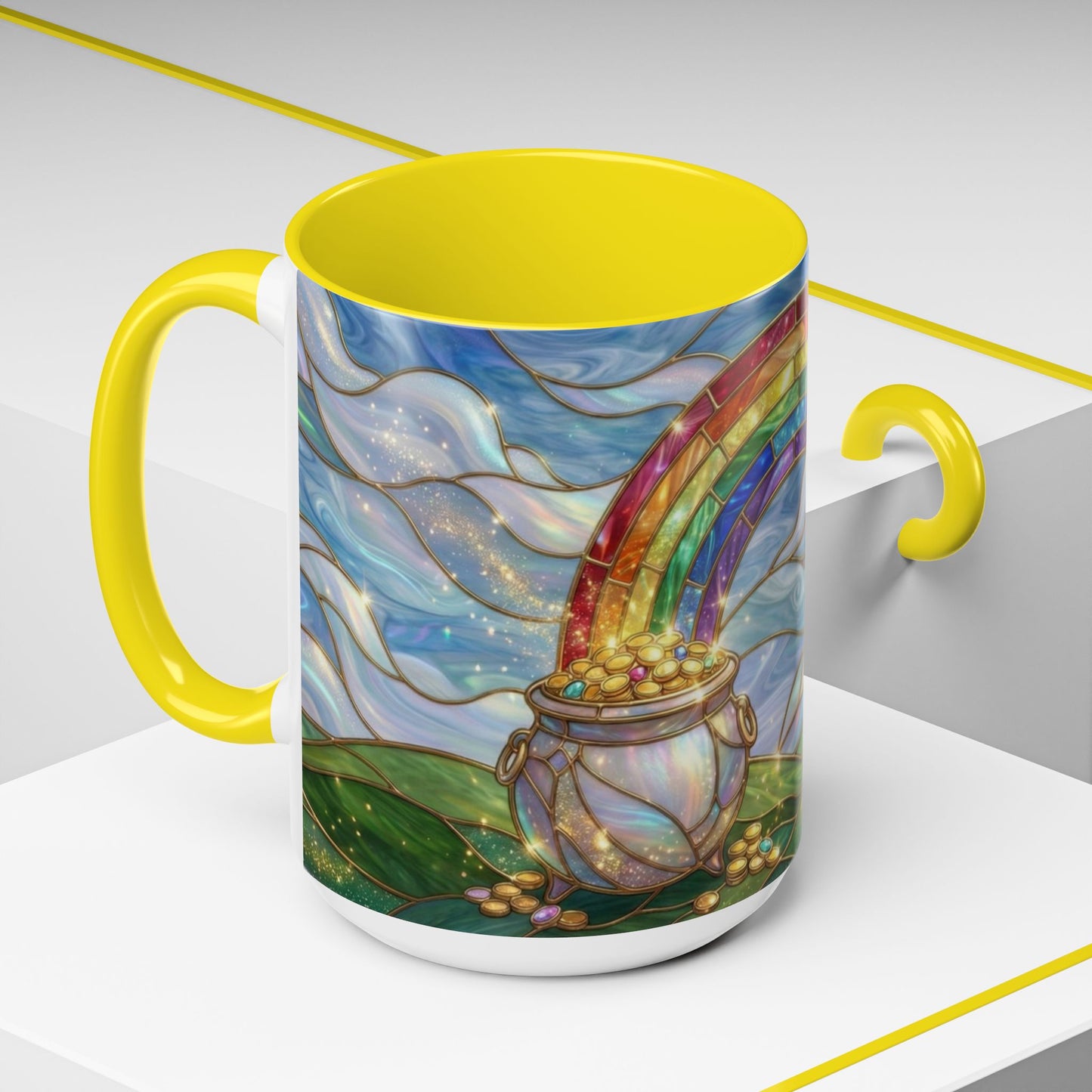 Stained Glass Rainbow Mug, Pot Of Gold Coffee Cup, St Patricks Day Gift, Whimsical Magical Art Mug, Lucky Irish Leprechaun Treasure