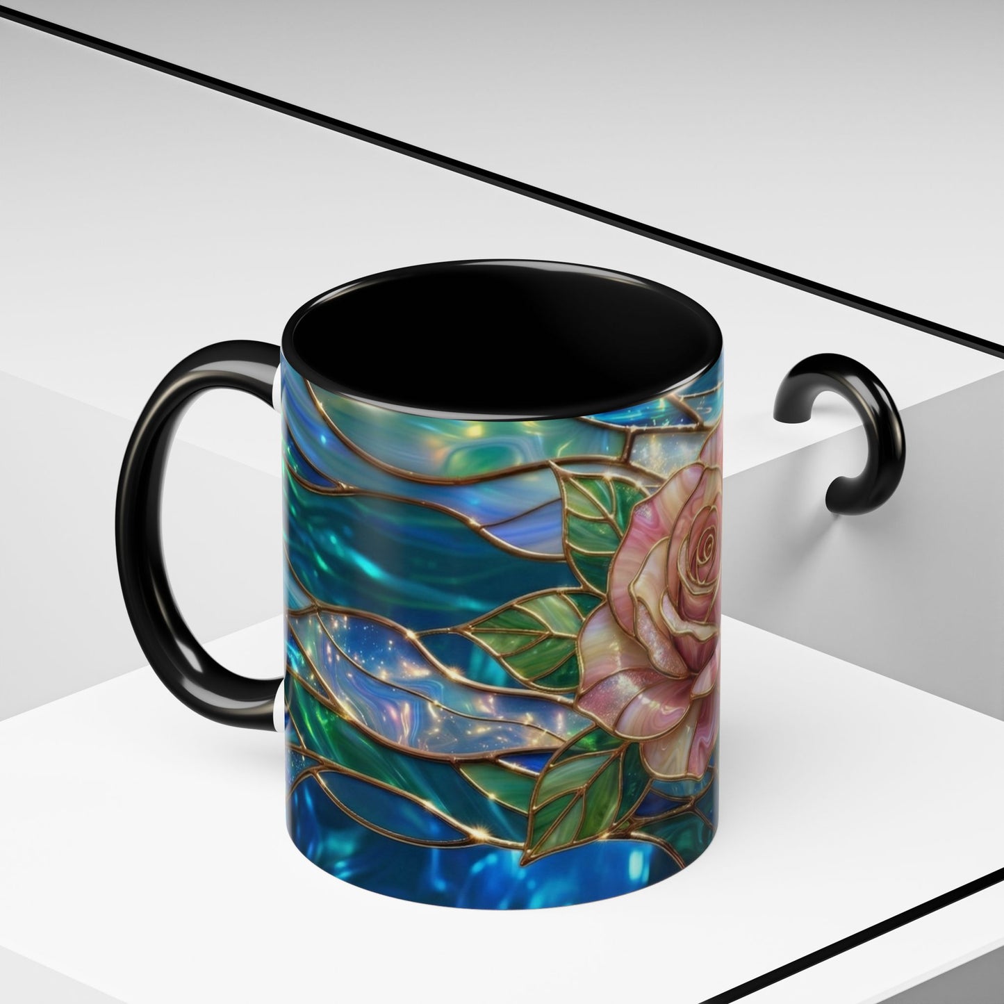 Stained Glass Rose Mug, Pink Flower Coffee Cup, Fantasy Floral Tea Cup, Magical Garden Gift, Galaxy Rose Art, Botanical Lover Present