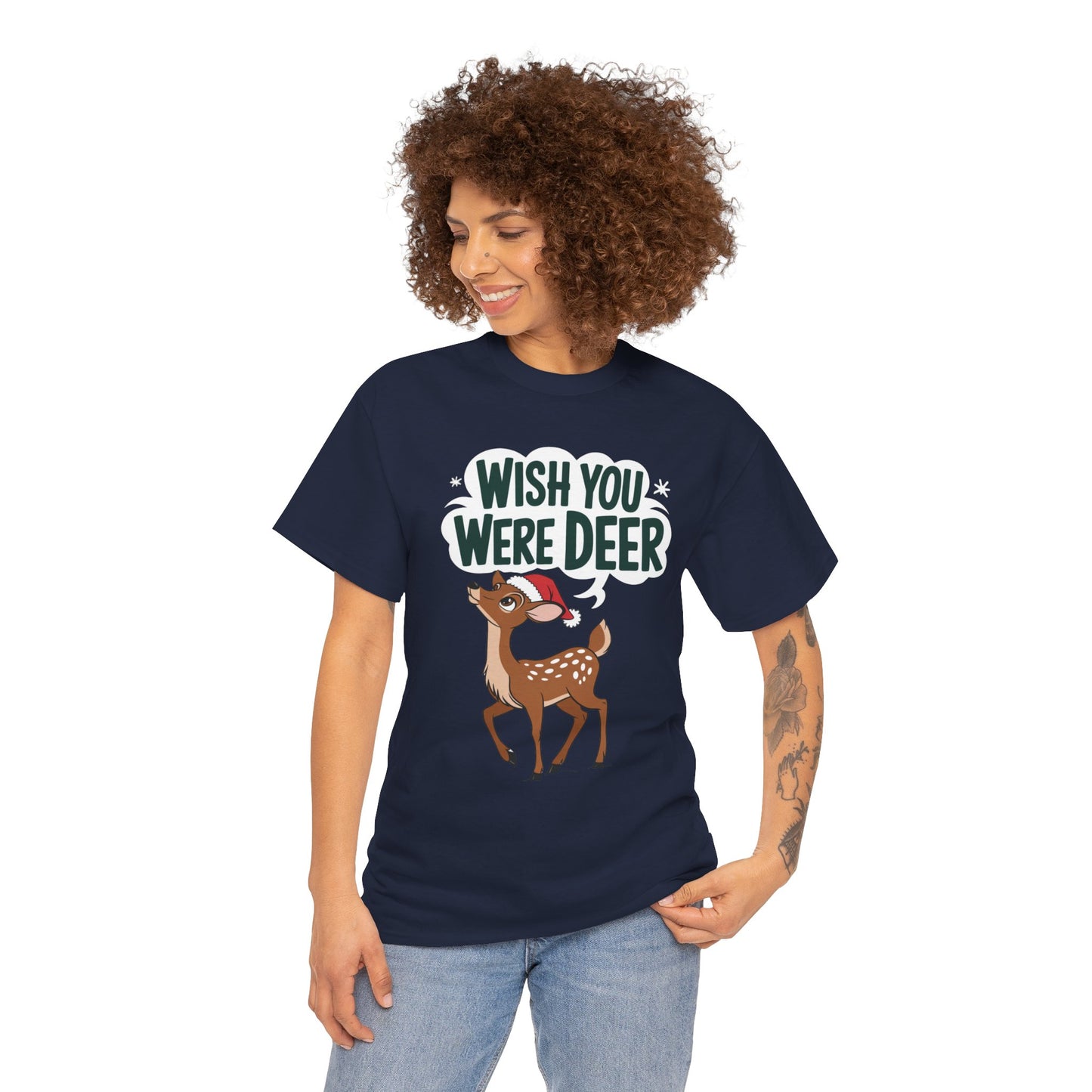 Wish You Were Deer Funny Christmas T-Shirt, Cute Reindeer Holiday Tee, Pun Christmas Shirt, Festive Santa Hat Deer Graphic Tee Gift