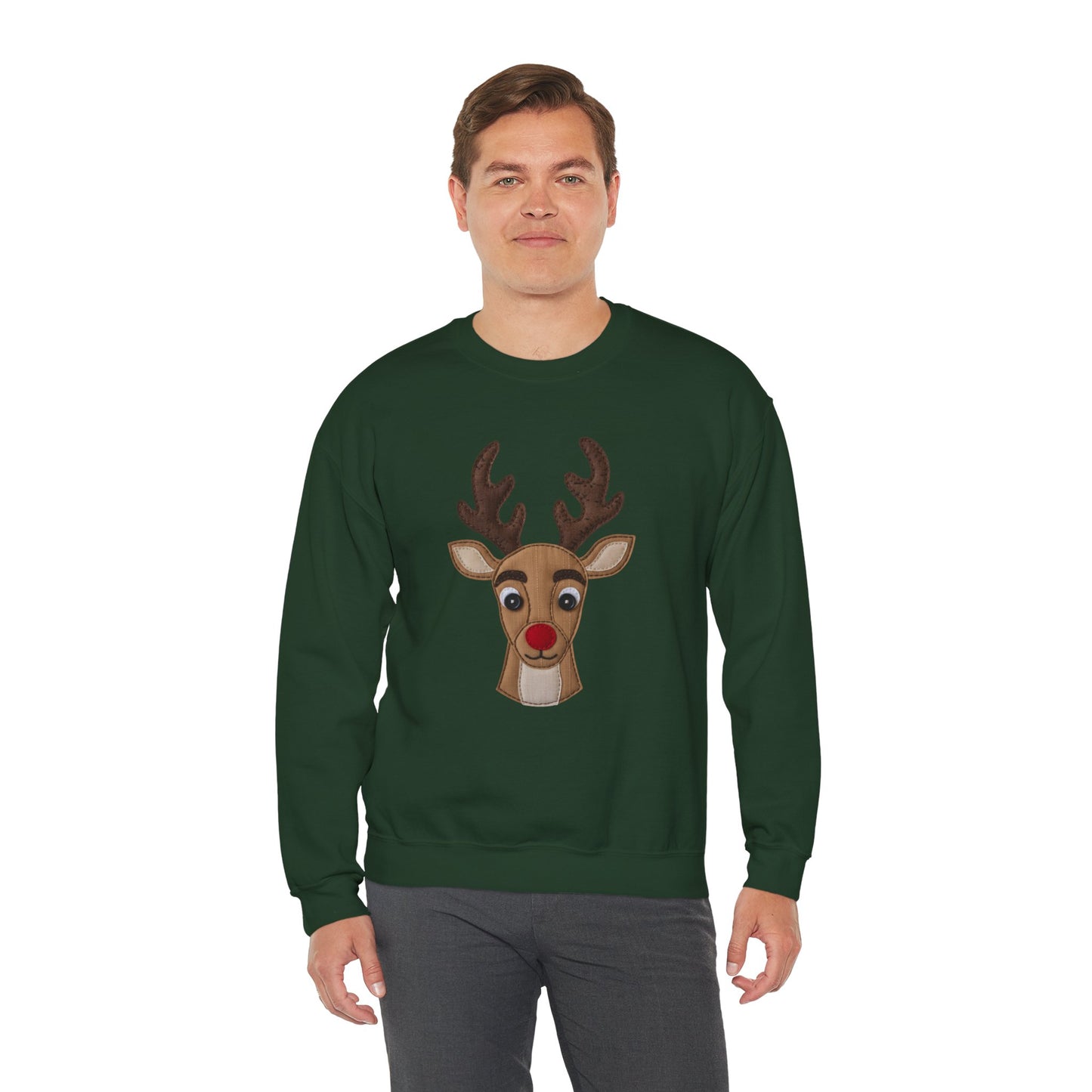 Faux Patchwork Rudolph Sweatshirt, Cute Reindeer Christmas Crewneck, Cozy Holiday Pullover, Winter Reindeer Sweater, Xmas Gift for Women