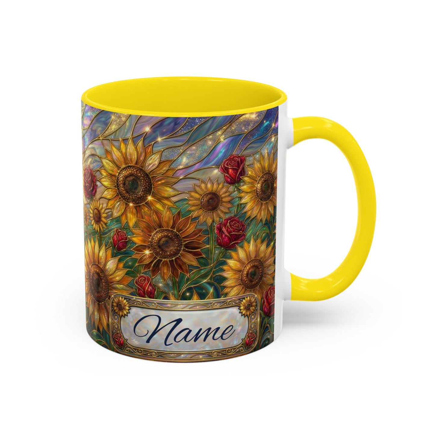 Personalized Stained Glass Sunflower Mug, Custom Red Rose Floral Coffee Cup, Celestial Night Sky Botanical Teacup, Gift For Flower Lover