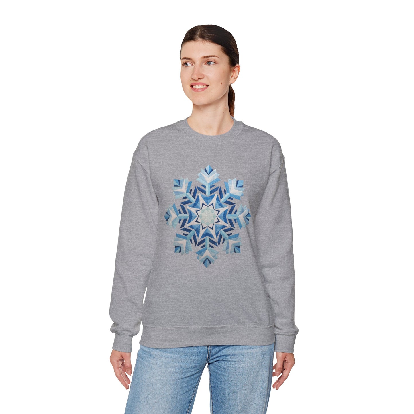 Faux Patchwork Snowflake Sweatshirt, Winter Snowflake Crewneck Unisex, Cozy Holiday Patchwork Sweatshirt, Nordic Snowflake Winter Pullover