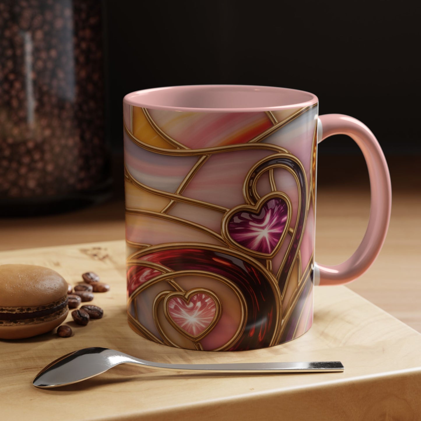 Stained Glass Heart Mug, Romantic Love Coffee Cup, Pink Red Gold Glass Style Mug, Valentine Gift For Her, Anniversary Wedding Decor