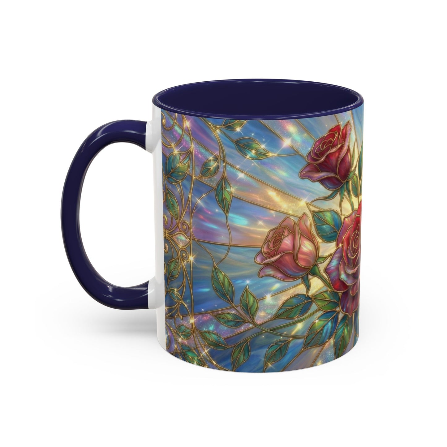 Stained Glass Rose Mug, Floral Art Coffee Cup, Elegant Rose Flower Mug, Blue Gold Glass Style Design, Romantic Gift For Her Decor