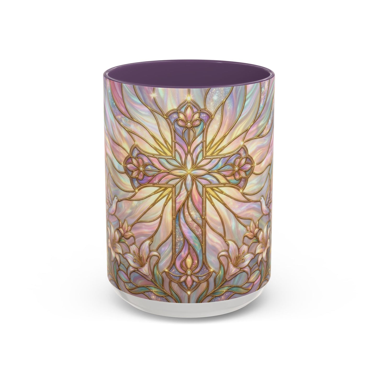 Stained Glass Cross Mug, Easter Lily Coffee Cup, Christian Gift for Women, Pastel Religious Drinkware, Dove and Faith Cup, Spiritual