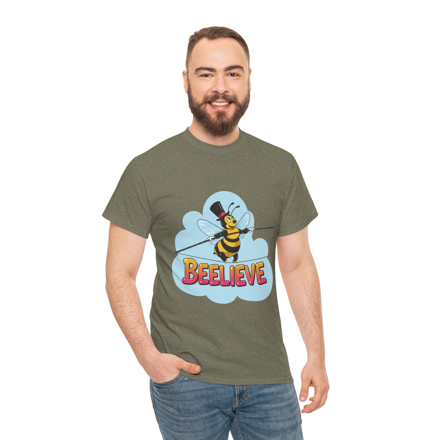 “Beelieve” Bee Pun T‑Shirt | Cute Bee Graphic Tee | Inspirational Pun Shirt | Funny Nature Lover Gift | Bee Belief Positive Vibes Tee