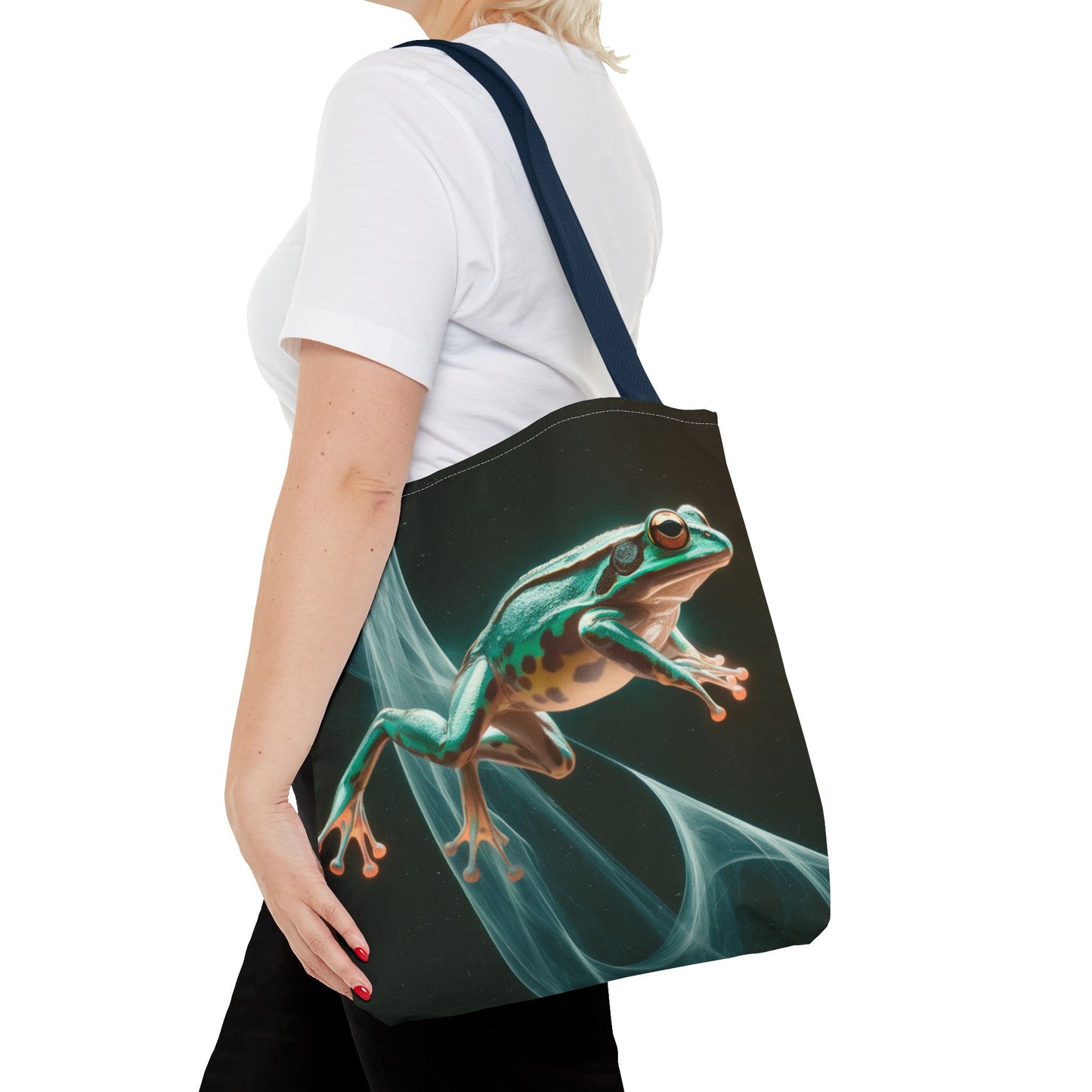 Frog in Motion Tote Bag, Nature-Inspired Green Frog Design Eco-Friendly Shoulder Bag, Artistic Reusable Tote For Everyday Use And Gifts