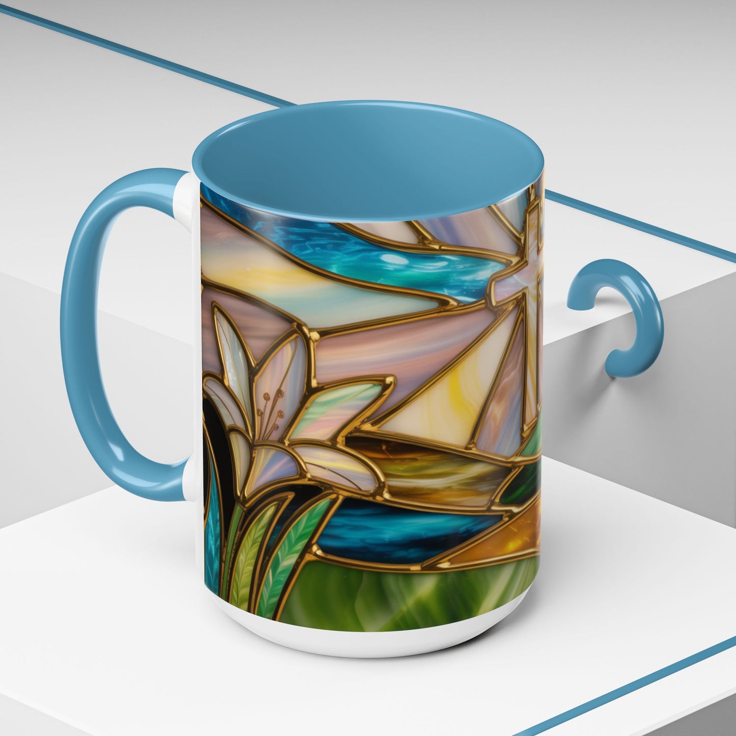 Stained Glass Cross Mug, Christian Sunrise Coffee Cup, Religious Floral Art Mug, Inspirational Faith Gift For Women, Colorful Stained Glass Design