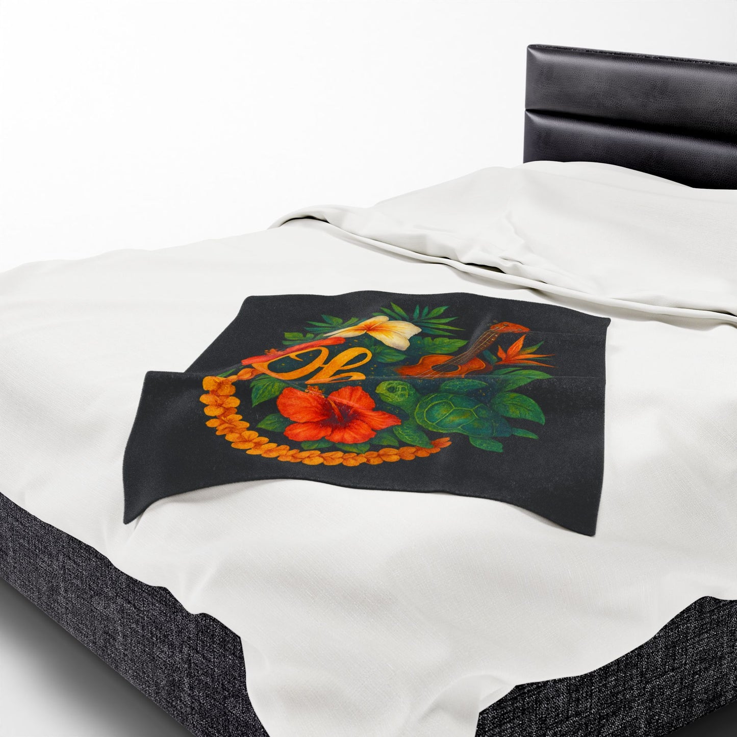 Ohana Hawaiian Blanket - Tropical Floral Turtle Ukulele Throw - Polynesian Island Bedding - Hawaii Gift - Cozy Beach Vibes Decor