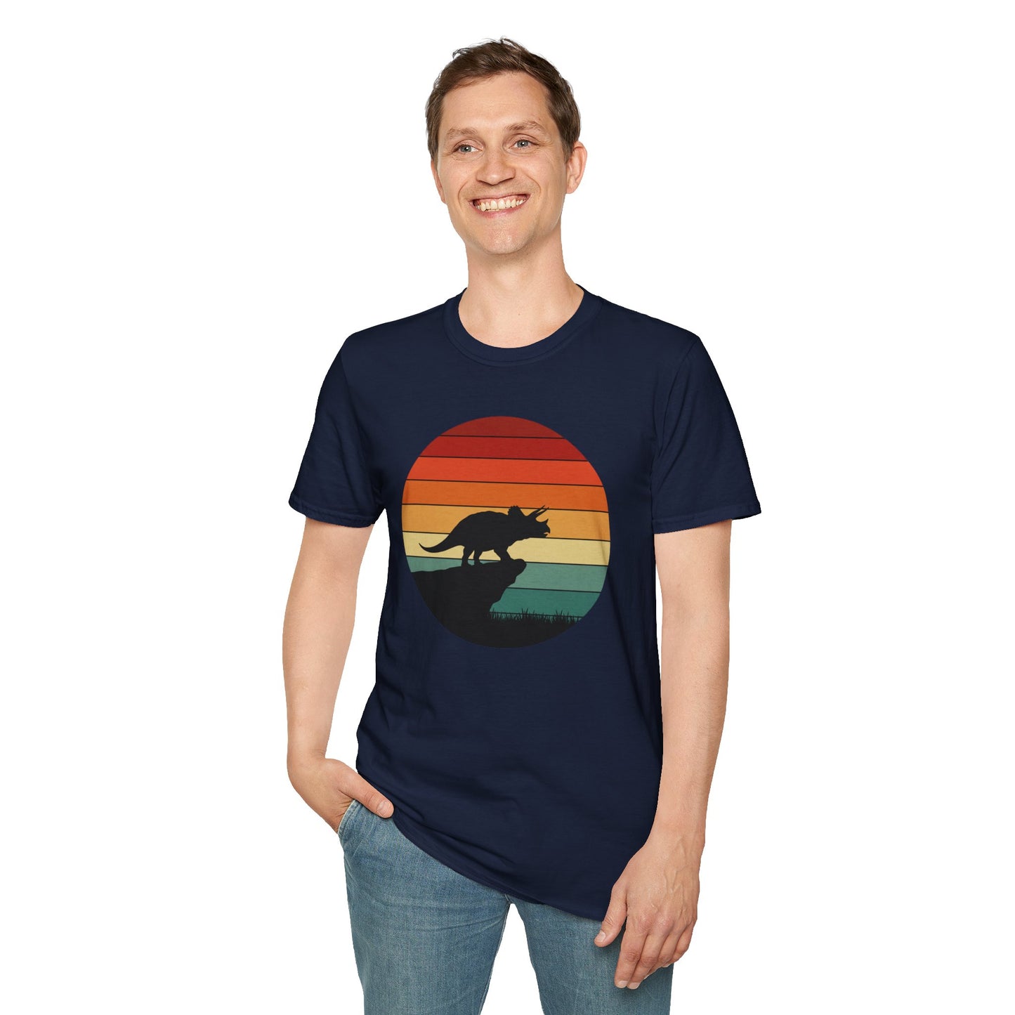 Retro Triceratops Sunset T-Shirt - Vintage Dino Graphic Tee - Unisex Softstyle Dinosaur Shirt - Nature and Prehistoric Lover Gift