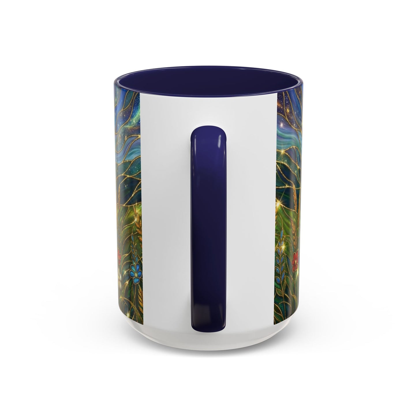 Stained Glass Deer Mug, Woodland Art Coffee Cup, Nature Forest Mug, Blue Green Gold Glass Style Mug, Gift For Nature Lovers Decor