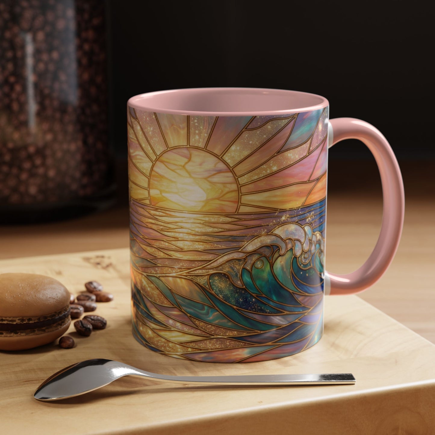 Stained Glass Ocean Wave Mug, Sunrise Beach Coffee Cup, Japanese Art Gift, Coastal Decor Kitchen, Mosaic Sea Tea Cup, Blue Gold Nature Lover