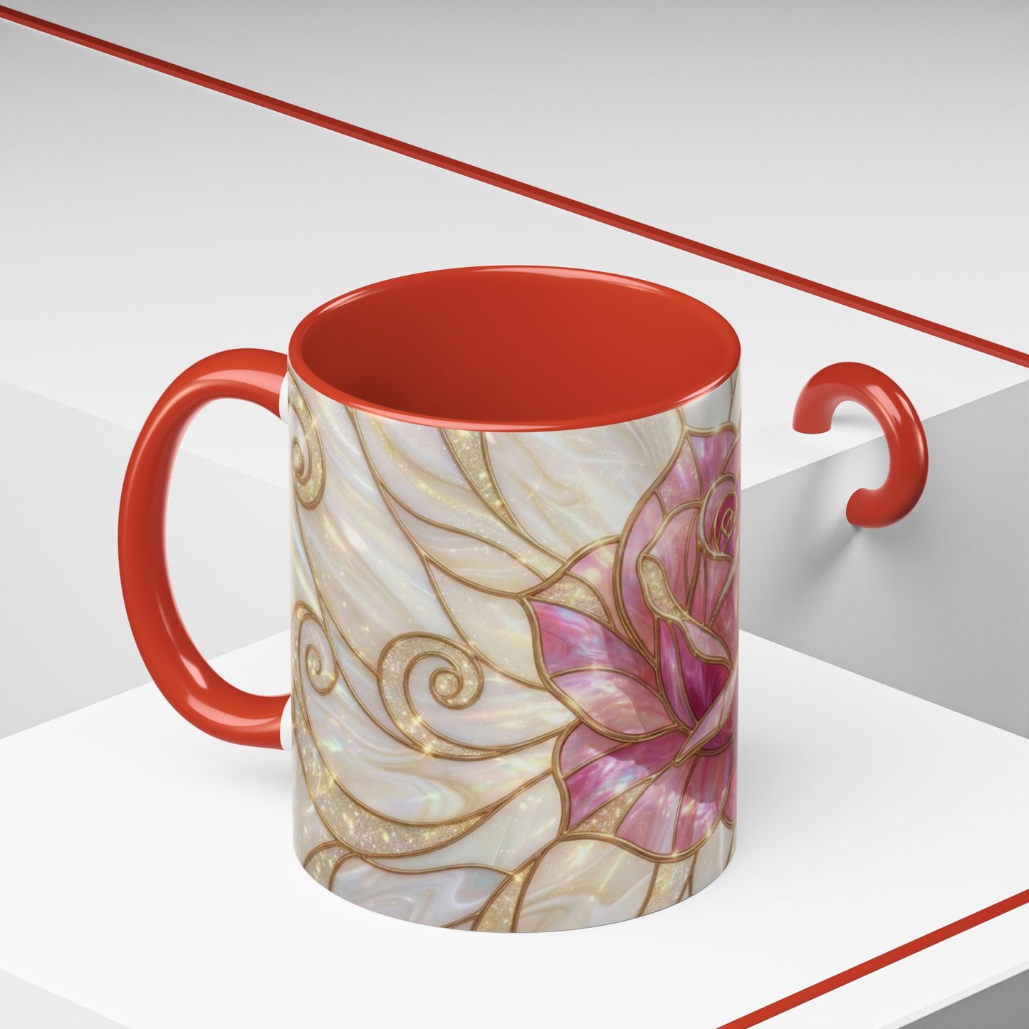 Pink Rose Stained Glass Mug, Gold Floral Coffee Cup, Romantic Flower Tea Cup, Gardener Gift For Mom, Botanical Art, Wife Birthday Gift