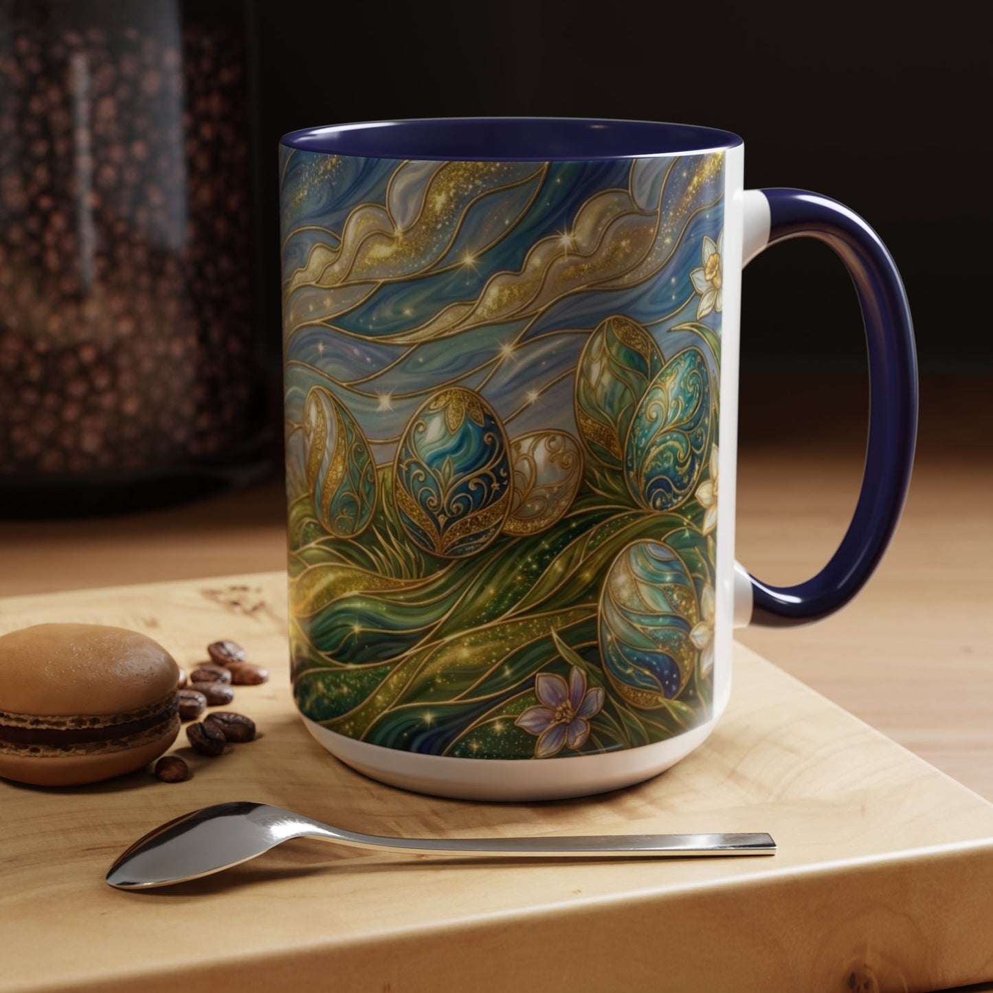 Stained Glass Easter Egg Mug, Magical Spring Floral Coffee Cup, Art Nouveau Fantasy Teacup, Elegant Celestial Starry Sky Mug Gift Idea