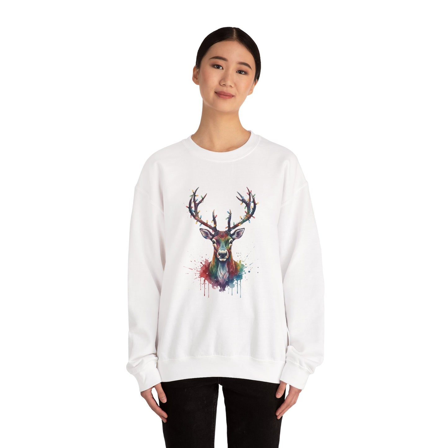 Colorful Reindeer Christmas Sweatshirt, Holiday Deer Lights Sweater, Watercolor Winter Crewneck, Festive Cozy Gift For Him Or Her