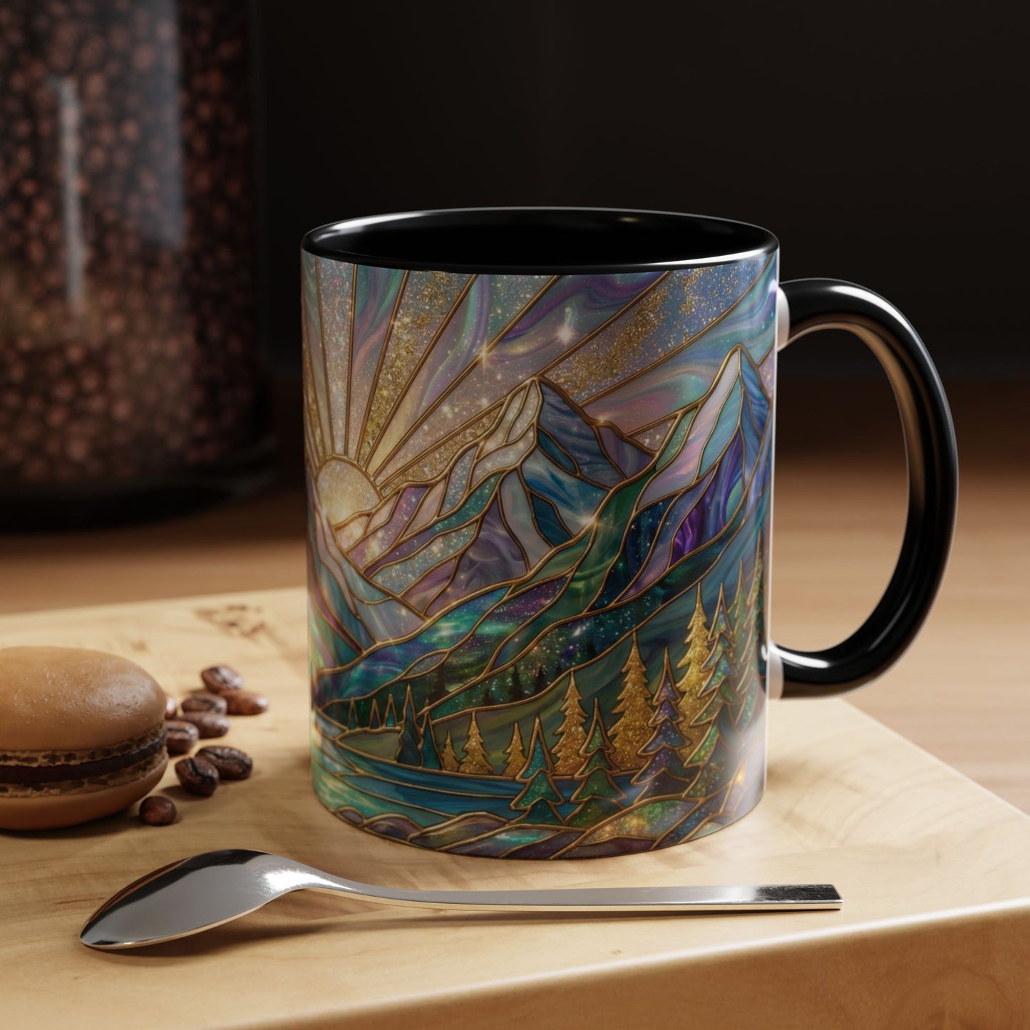 Stained Glass Mountain Mug, Mountain Landscape Coffee Cup, Galaxy Sky Nature Ceramic Mug, Sunrise River Forest Art, 11oz 15oz Gift