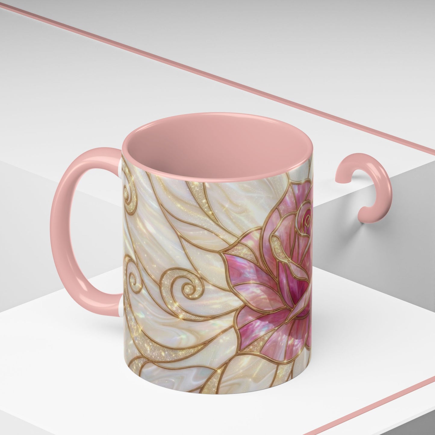 Pink Rose Stained Glass Mug, Gold Floral Coffee Cup, Romantic Flower Tea Cup, Gardener Gift For Mom, Botanical Art, Wife Birthday Gift