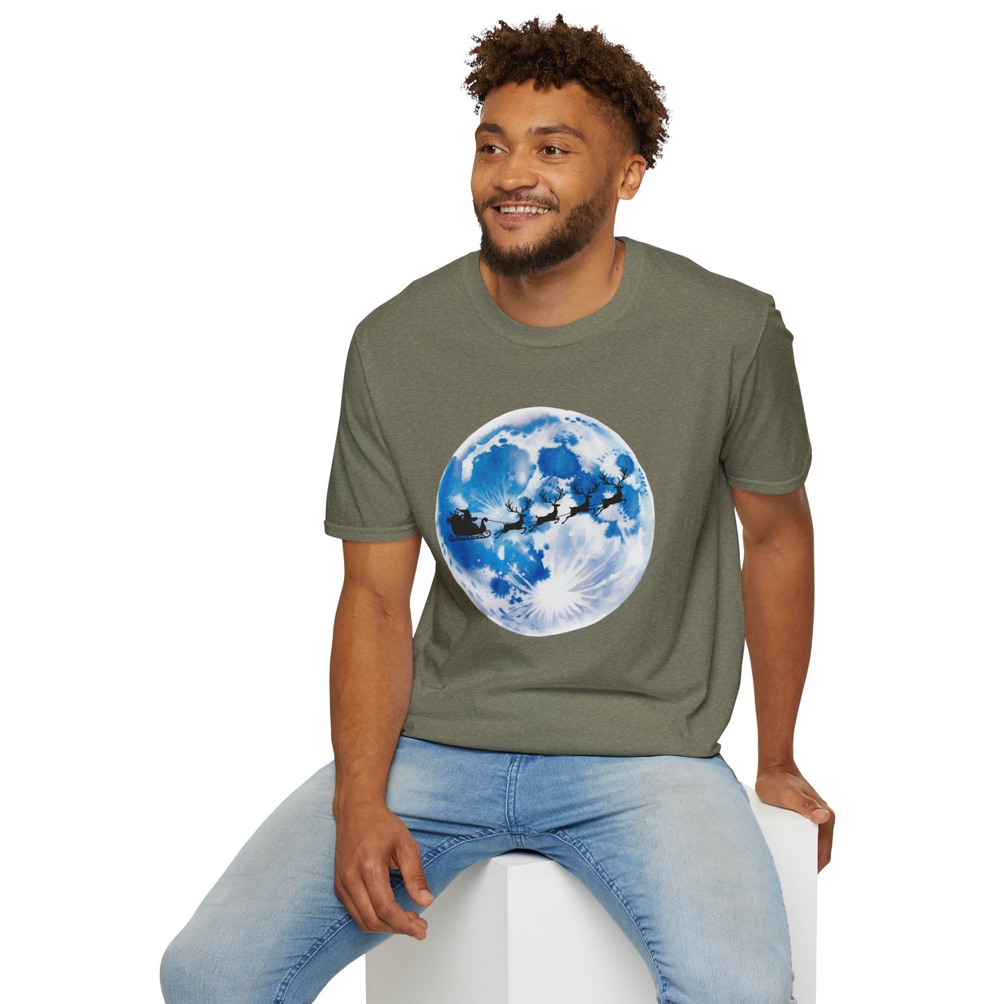 Santa Moon Christmas T-Shirt, Reindeer Sleigh Christmas Tee, Holiday Moonlight Xmas Shirt, Festive Christmas Graphic Tee, Winter Night Christmas Gift Tee