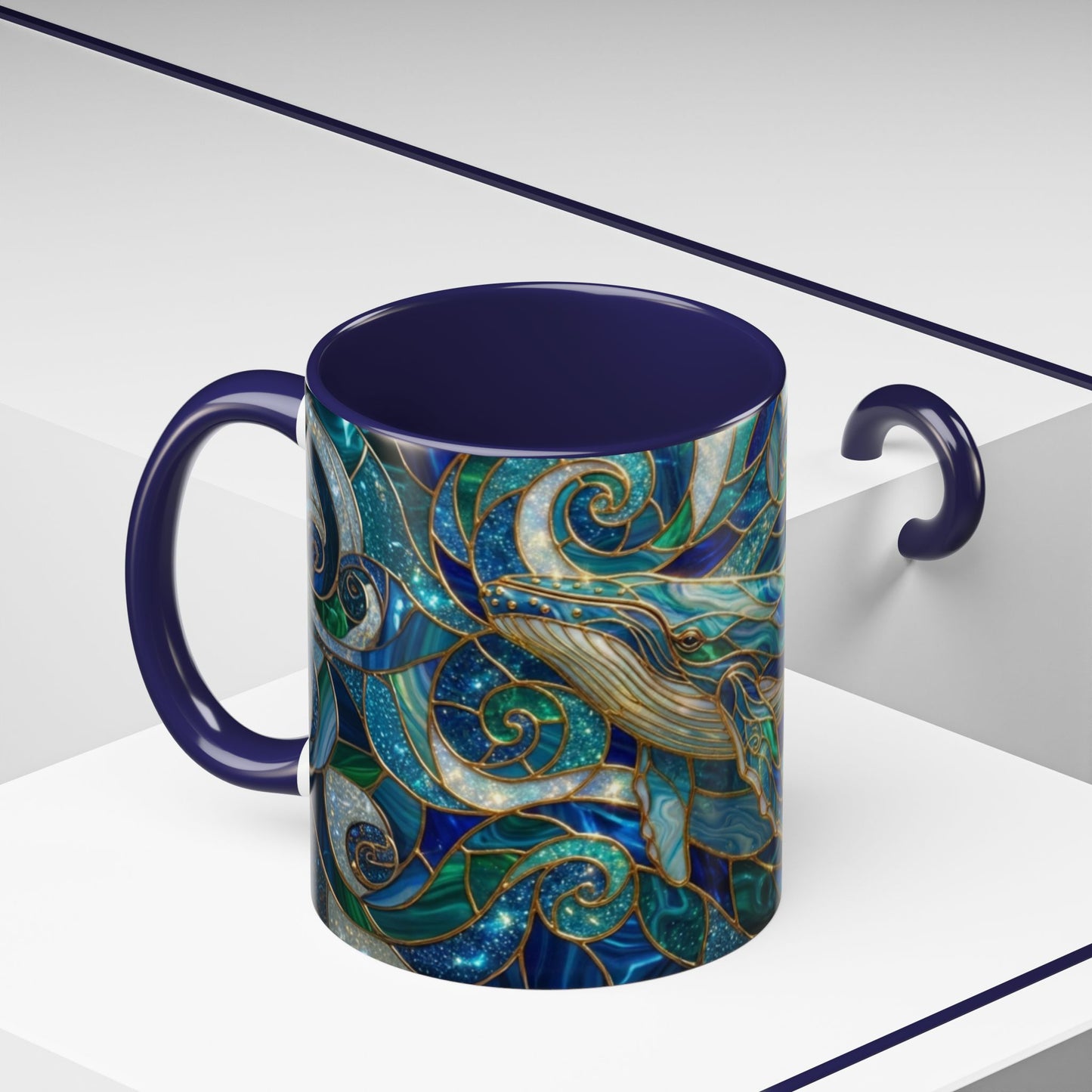 Stained Glass Whale Mug, Ocean Art Coffee Cup, Blue Sea Life Design, Nautical Gift For Ocean Lovers, Colorful Stained Glass Whale Cup