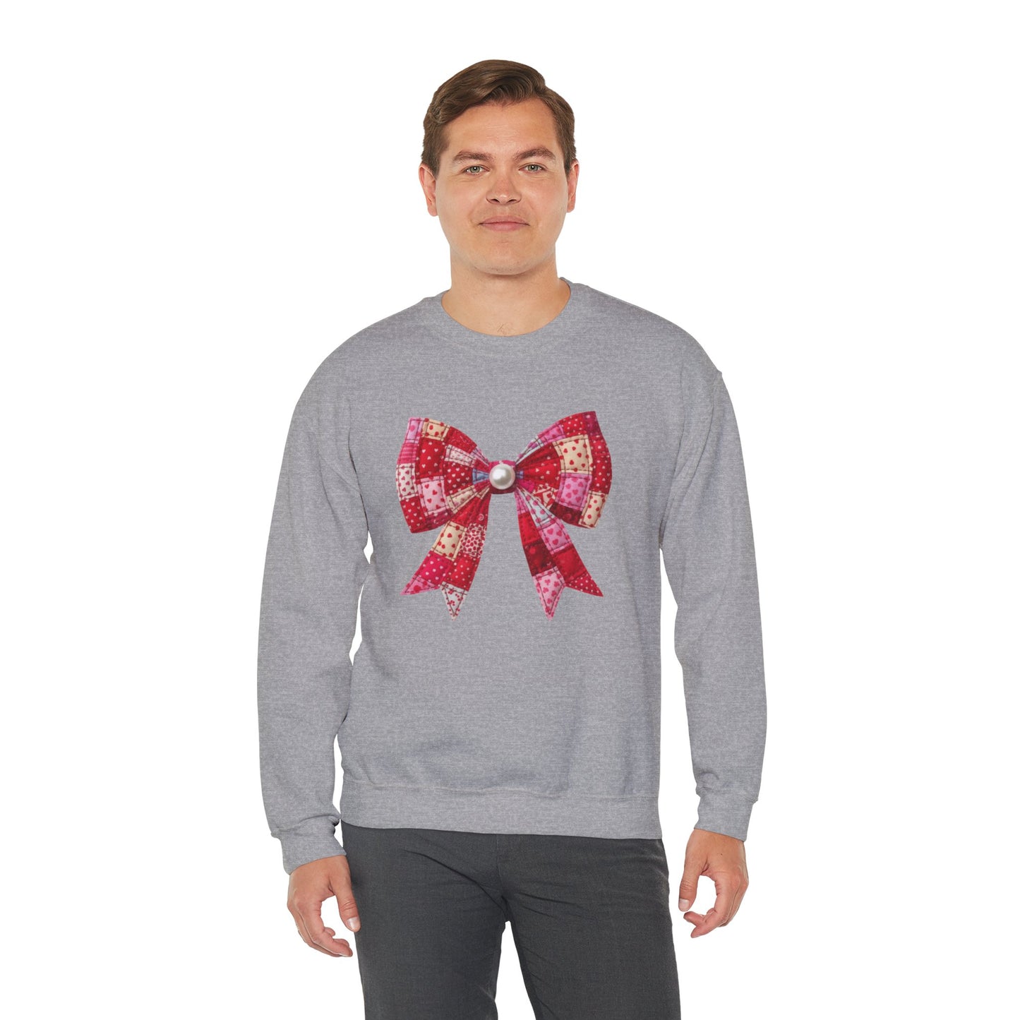 Faux Patchwork Bow Sweatshirt, Quilted Look Bow Crewneck, Pearl Bow Pullover, Cozy Coquette Sweatshirt, Girly Valentine Gift