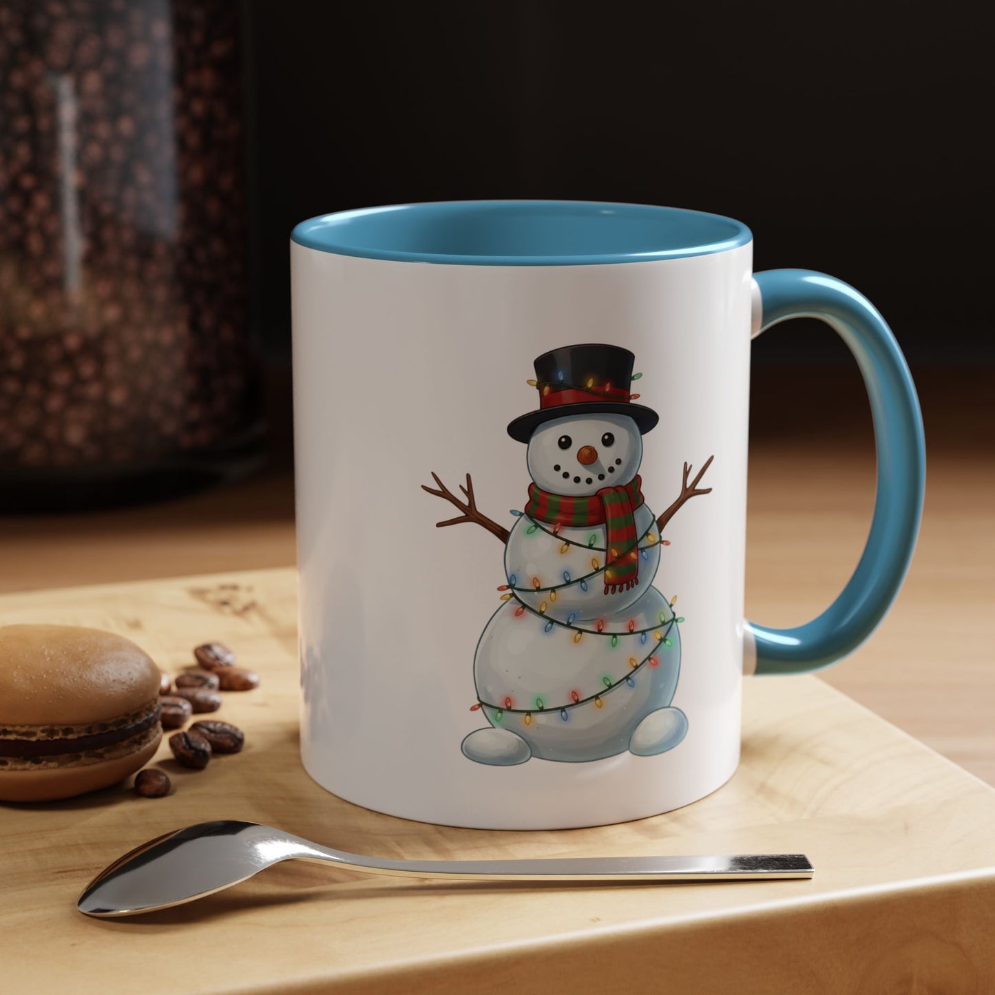 Snowman Christmas Mug, Snowman Wrapped in Lights Mug, Holiday Coffee Cup, Cute Winter Snowman Cup, Christmas Gift Mug, Xmas Cocoa Mug