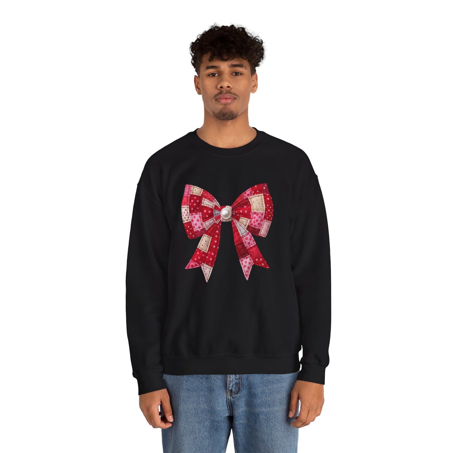 Faux Patchwork Bow Sweatshirt, Quilted Look Bow Crewneck, Pearl Center Bow Pullover, Cozy Coquette Sweatshirt, Girly Gift