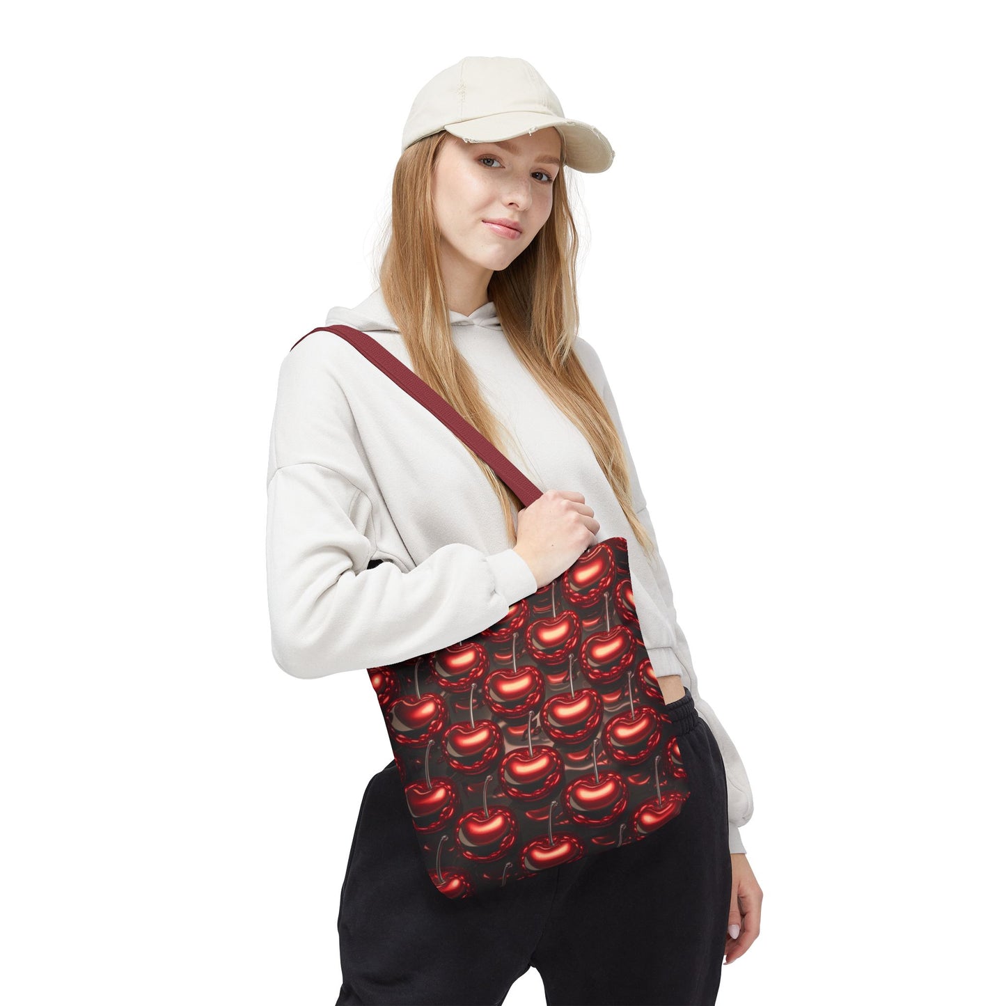 Glossy Cherry Pattern Canvas Tote Bag – Retro Black & Red Cherry Print, Coquette Cottagecore Aesthetic Shopper Tote, Fruit Lover Gift