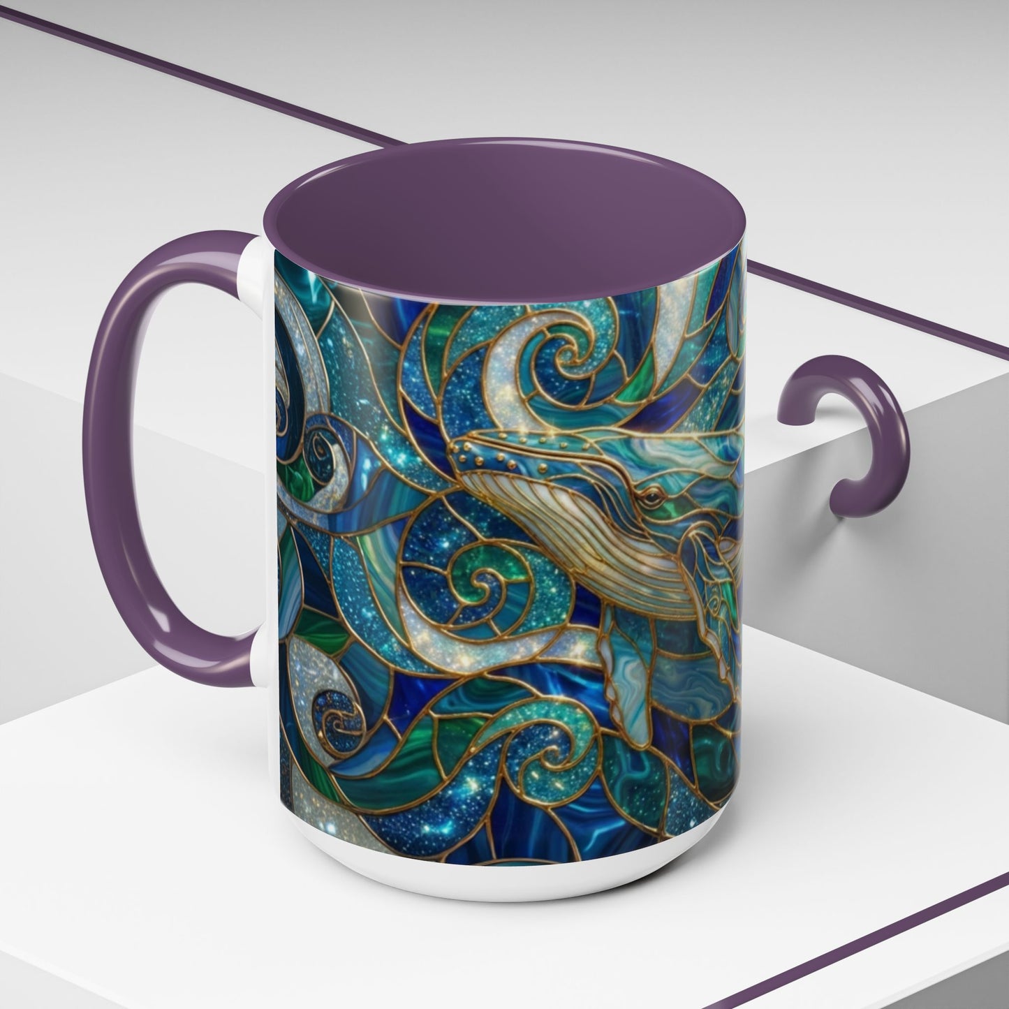 Stained Glass Whale Mug, Ocean Art Coffee Cup, Blue Sea Life Design, Nautical Gift For Ocean Lovers, Colorful Stained Glass Whale Cup