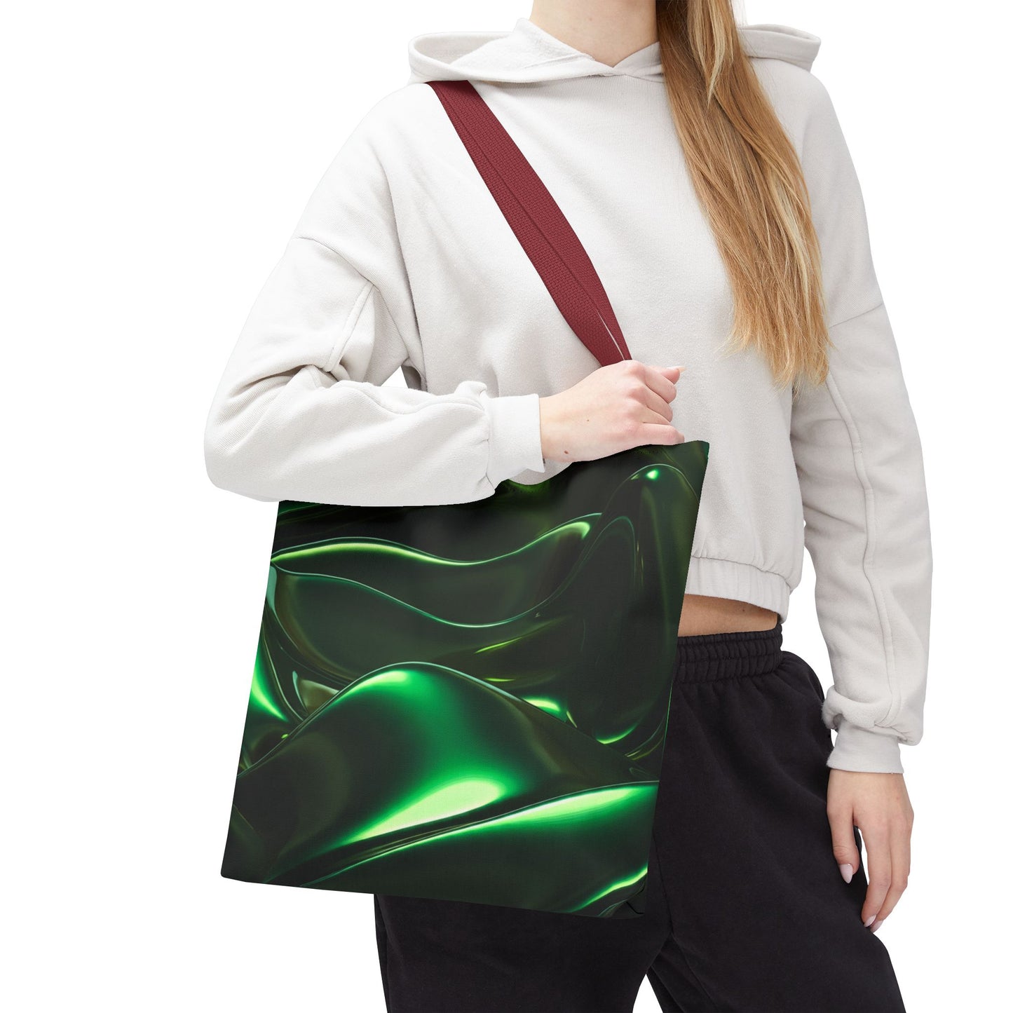 Futuristic Green Tote Bag - Abstract Metallic Wave Art Tote - Glossy Cyber Aesthetic Bag, Techwear Vibes, Edgy Gamer Gift, Trendy Street Style