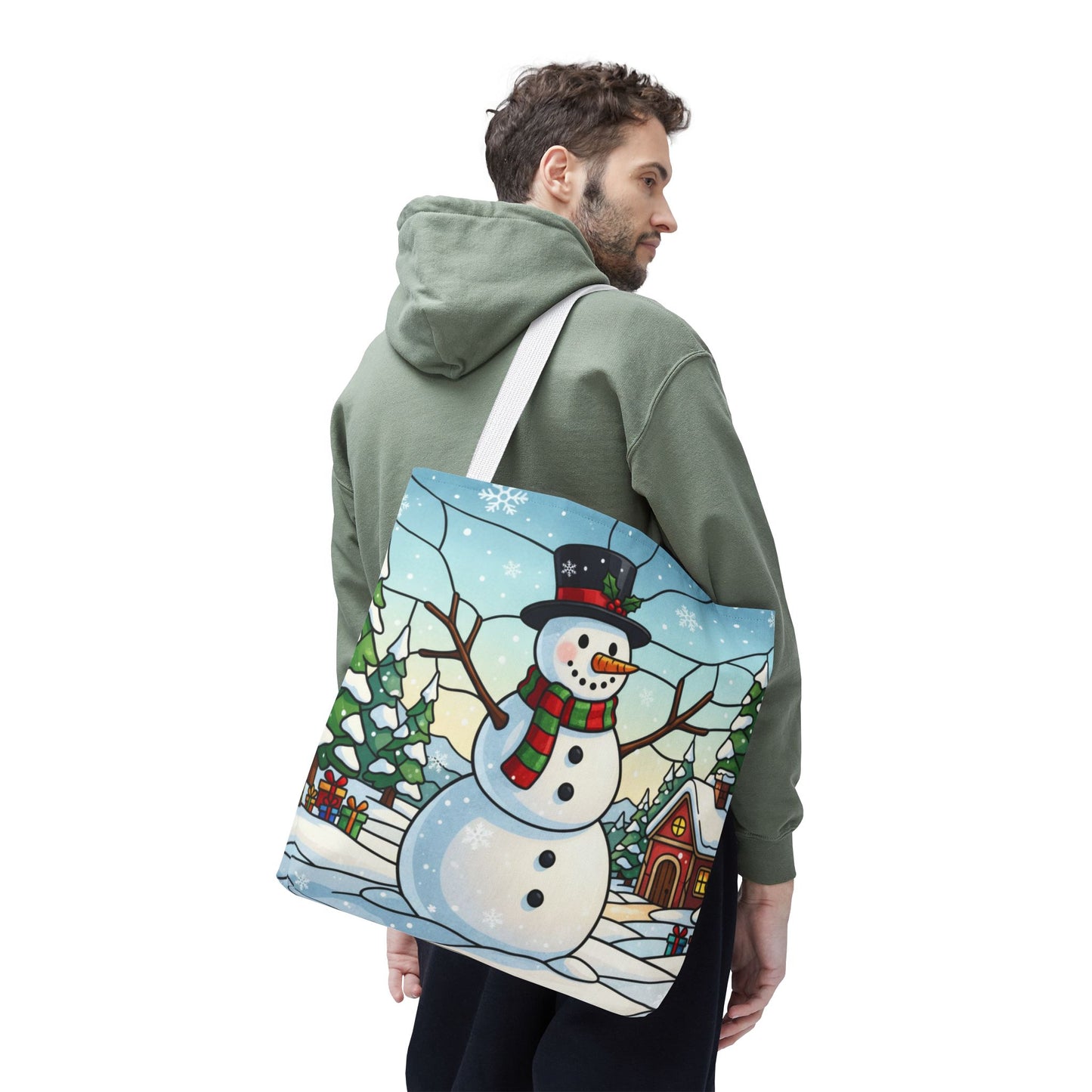 Stained Glass Snowman Christmas Tote Bag, Holiday Art Tote, Festive Winter Gift Bag, Colorful Christmas Scene Reusable Shopping Bag