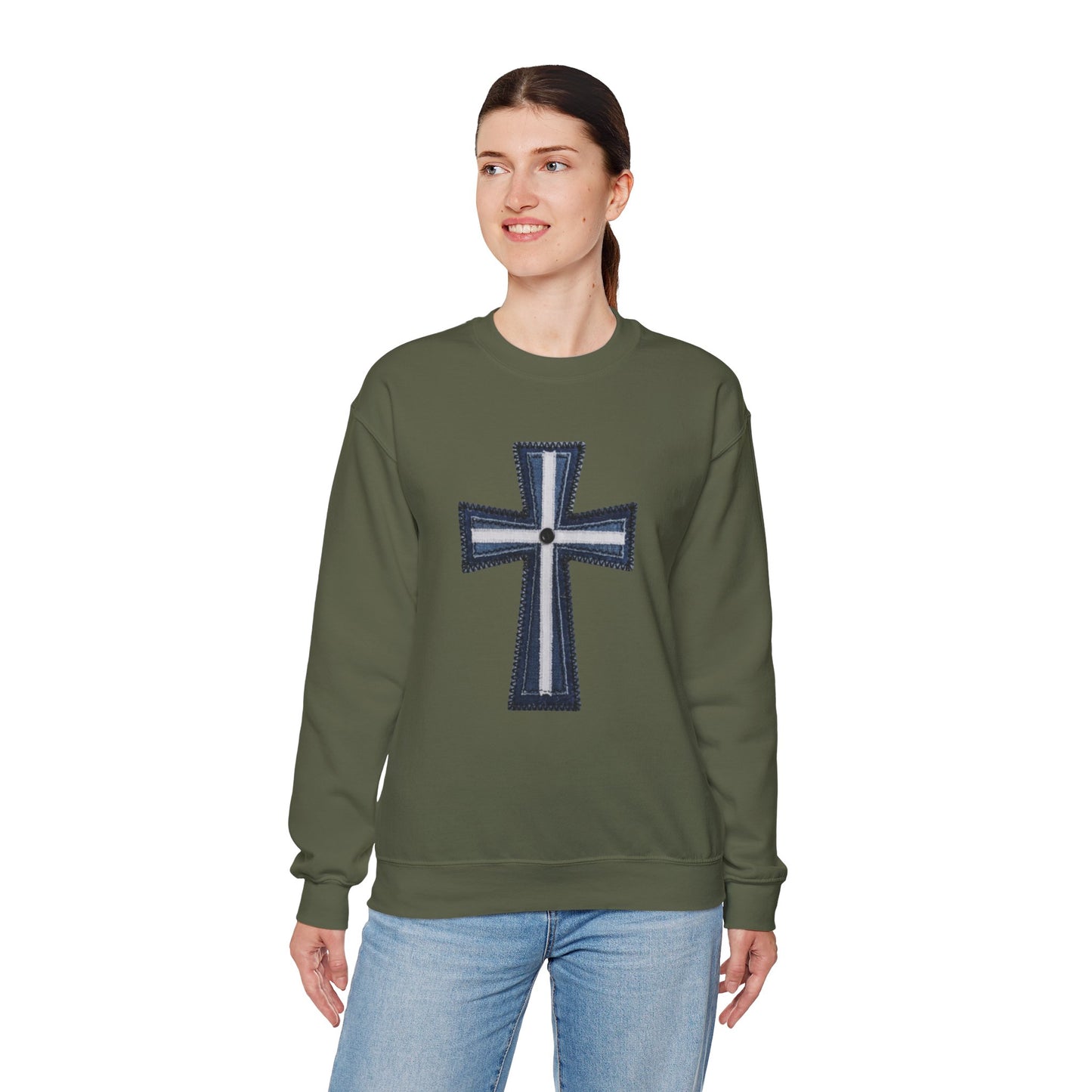 Faux Patchwork Cross Sweatshirt, Christian Patchwork Style Crewneck, Faith Gift for Women Men, Rustic Cross Sweatshirt, Religious Xmas Gift