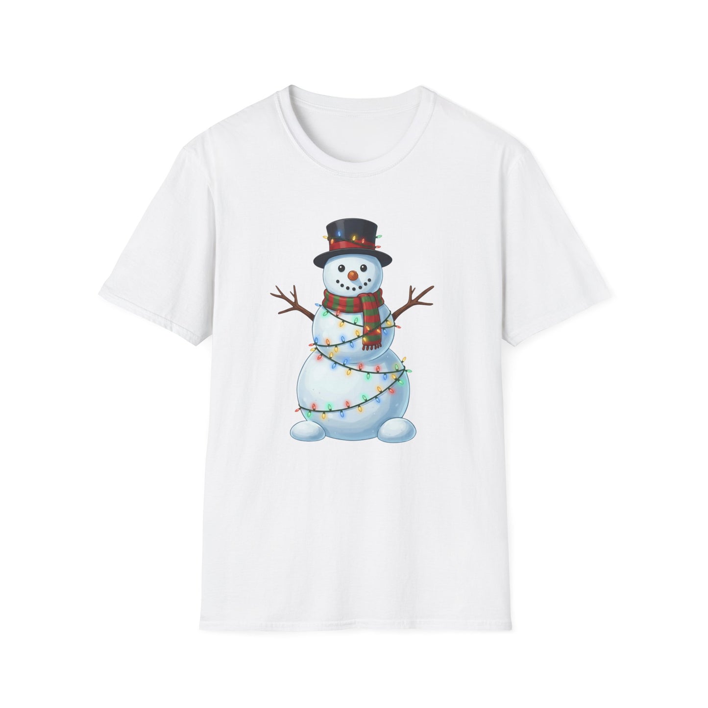 Cute Snowman Christmas Shirt, Snowman Wrapped in Christmas Lights Tee, Holiday Winter Snowman Top Hat Shirt, Funny Cozy Christmas T Shirt