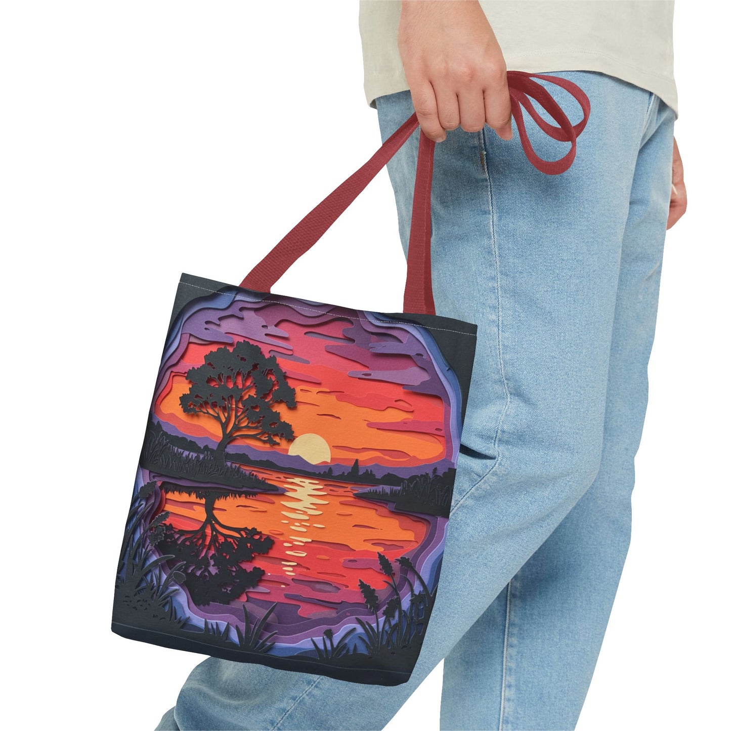 Sunset Landscape Canvas Tote Bag – Paper‑Art Inspired Nature Scene Tote – Colorful Sunset Market Tote, Eco Reusable Beach Bag, Vibrant Gift for Her