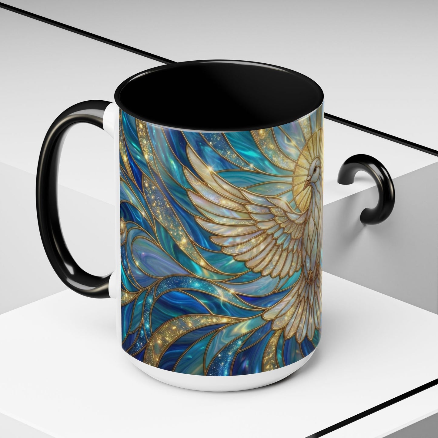 Stained Glass Dove Mug, Peace Dove Coffee Mug, Holy Spirit Dove Cup, Christian Gift Mug, Spiritual Art Mug, Faith Inspired Coffee Cup