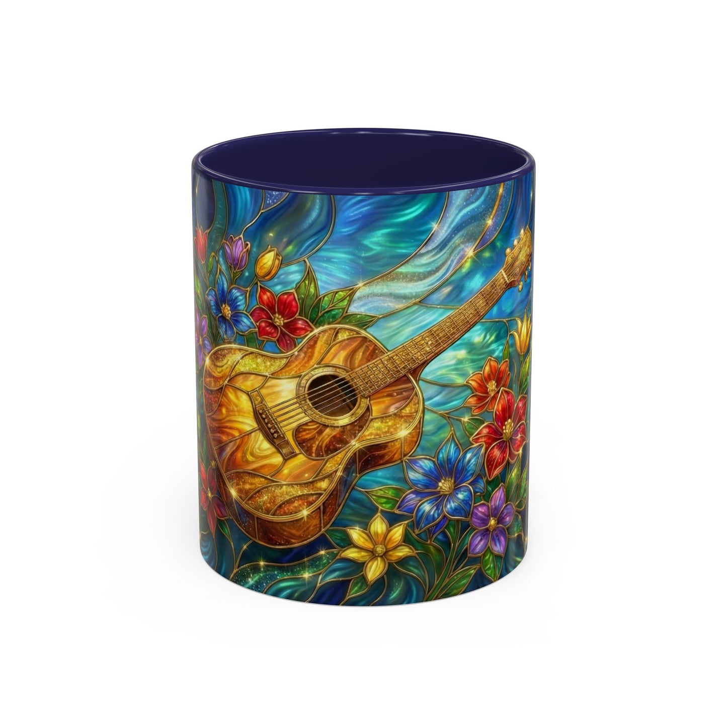 Guitar Coffee Mug, Stained Glass Guitar Art Mug, Music Lover Gift, Floral Acoustic Guitar Mug, Ceramic Coffee Cup, Unique Musician Gift, 11oz