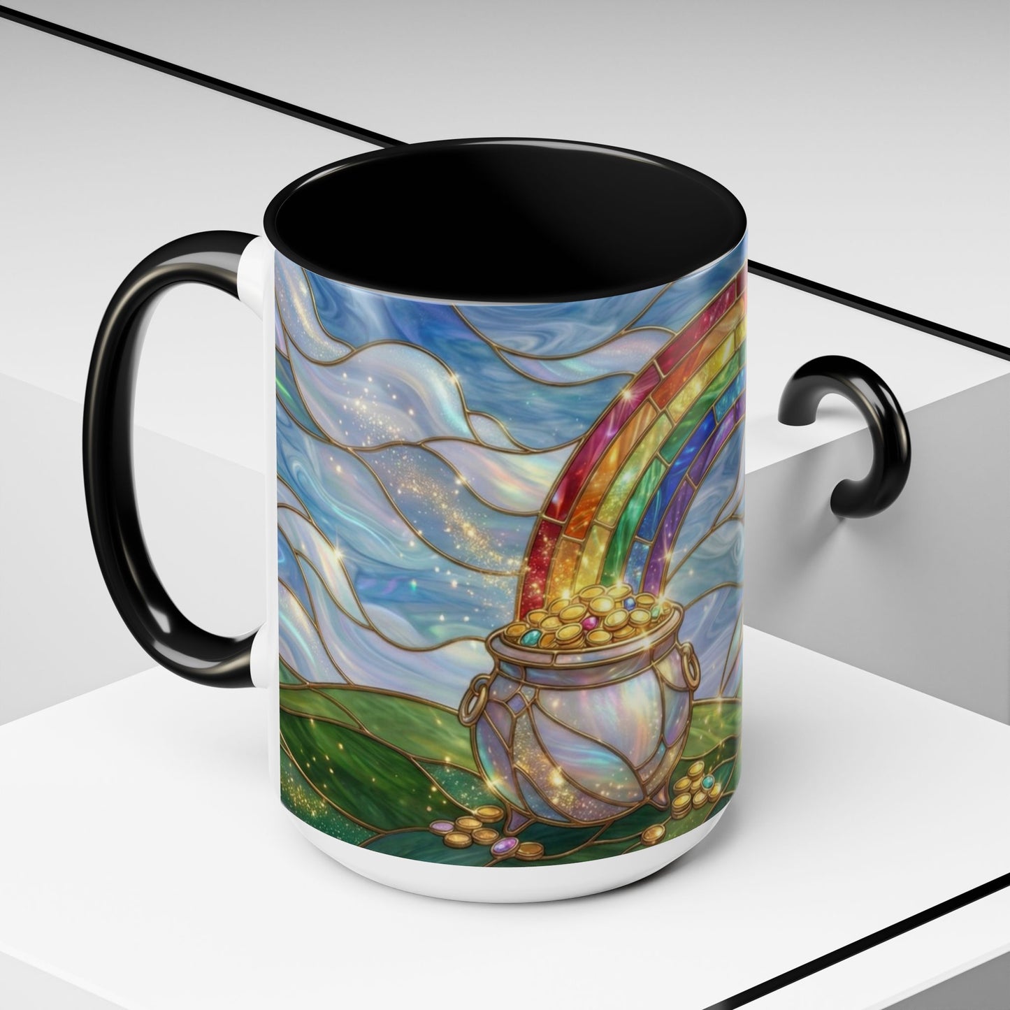 Stained Glass Rainbow Mug, Pot Of Gold Coffee Cup, St Patricks Day Gift, Whimsical Magical Art Mug, Lucky Irish Leprechaun Treasure