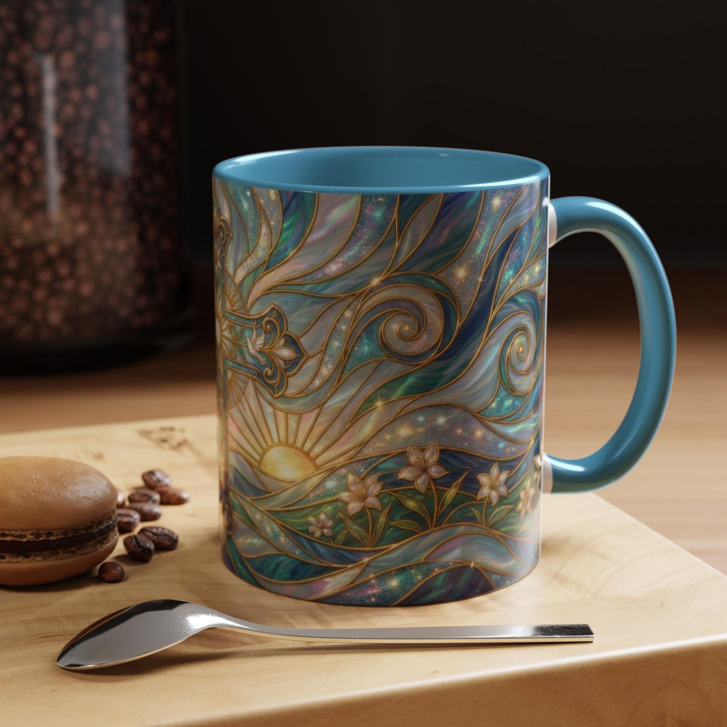 Stained Glass Cross Mug, Christian Coffee Cup, Religious Easter Gift, Celestial Faith Mug, Spiritual Sunrise Cup, Dove Lily Print Mug