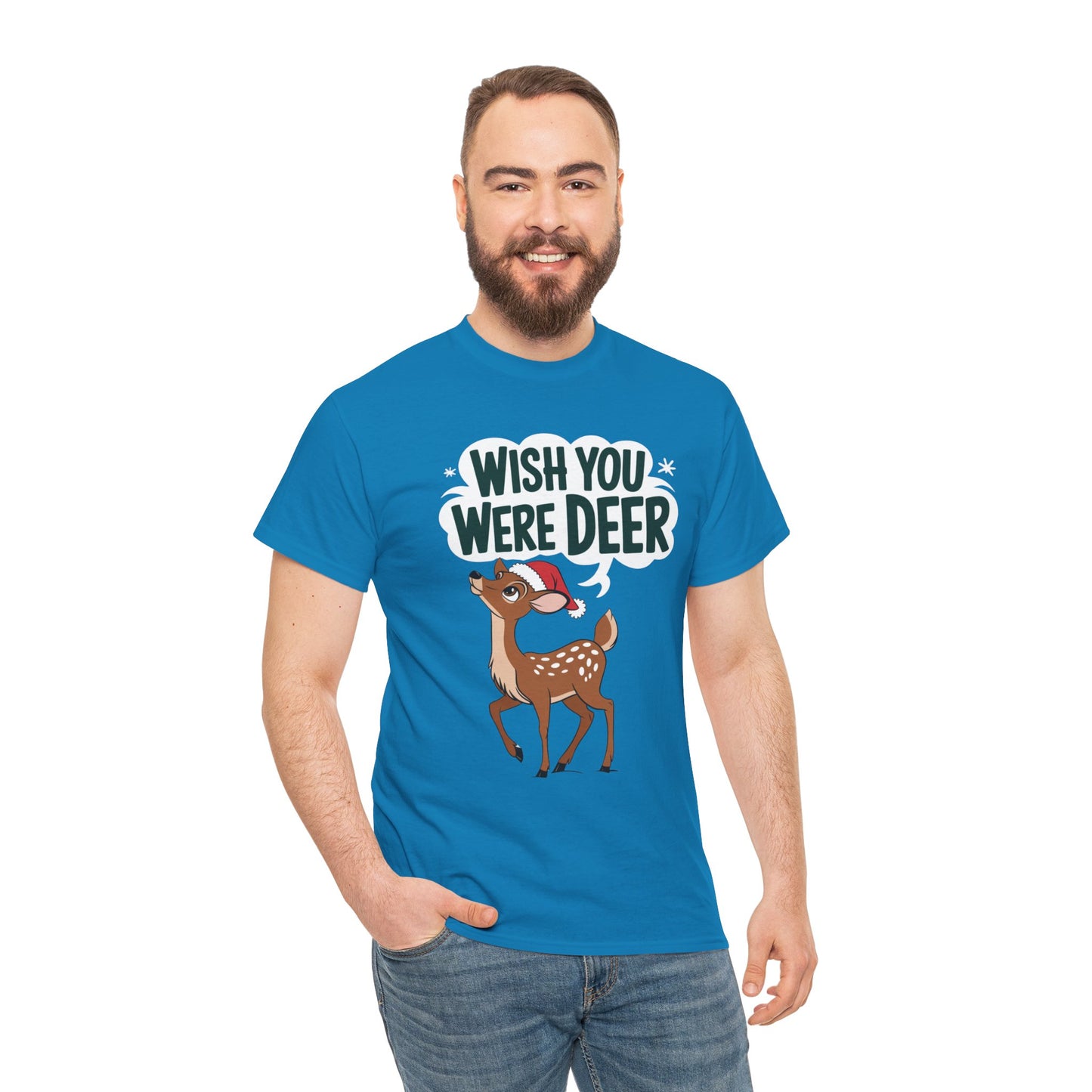 Wish You Were Deer Funny Christmas T-Shirt, Cute Reindeer Holiday Tee, Pun Christmas Shirt, Festive Santa Hat Deer Graphic Tee Gift