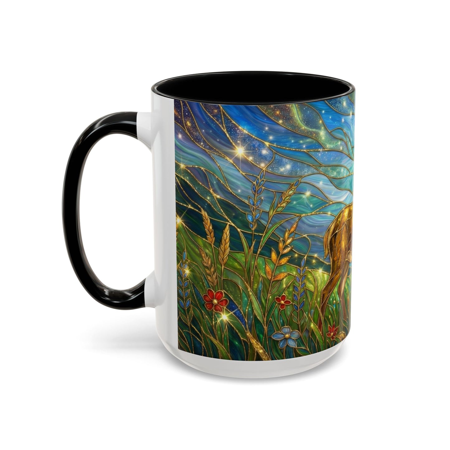 Stained Glass Deer Mug, Woodland Art Coffee Cup, Nature Forest Mug, Blue Green Gold Glass Style Mug, Gift For Nature Lovers Decor