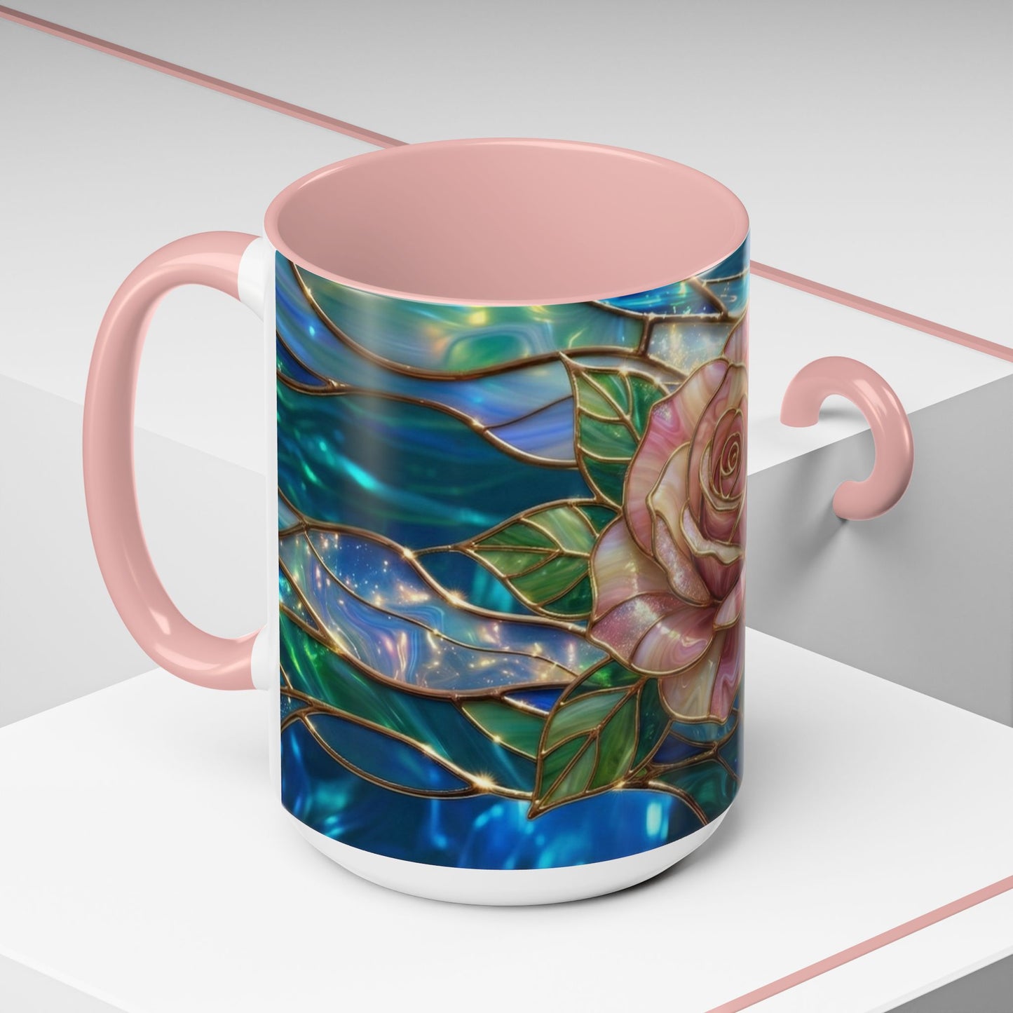 Stained Glass Rose Mug, Pink Flower Coffee Cup, Fantasy Floral Tea Cup, Magical Garden Gift, Galaxy Rose Art, Botanical Lover Present