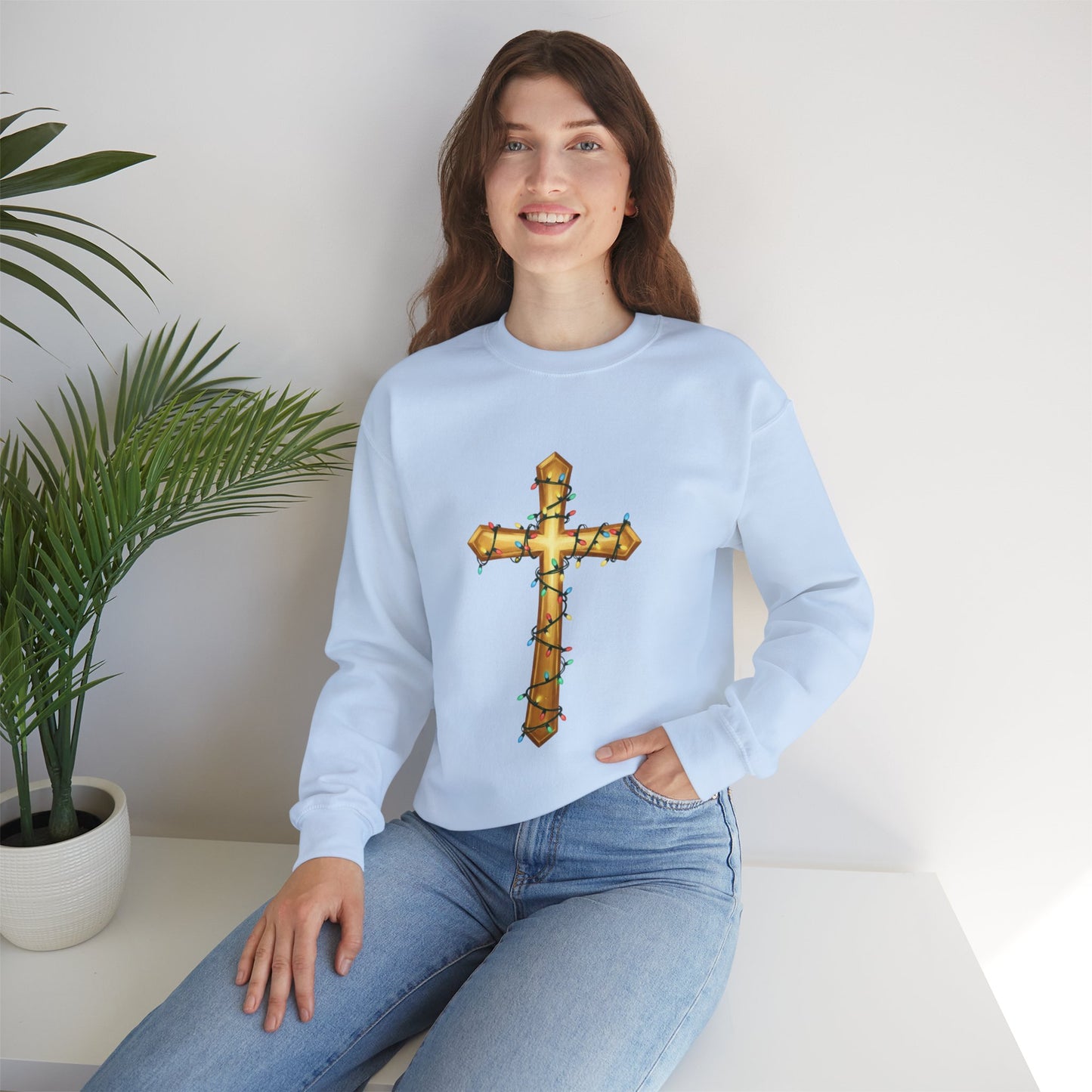Christmas Cross Lights Sweatshirt, Christian Christmas Sweatshirt, Religious Holiday Cross Sweater, Jesus Christmas Gift, Faith