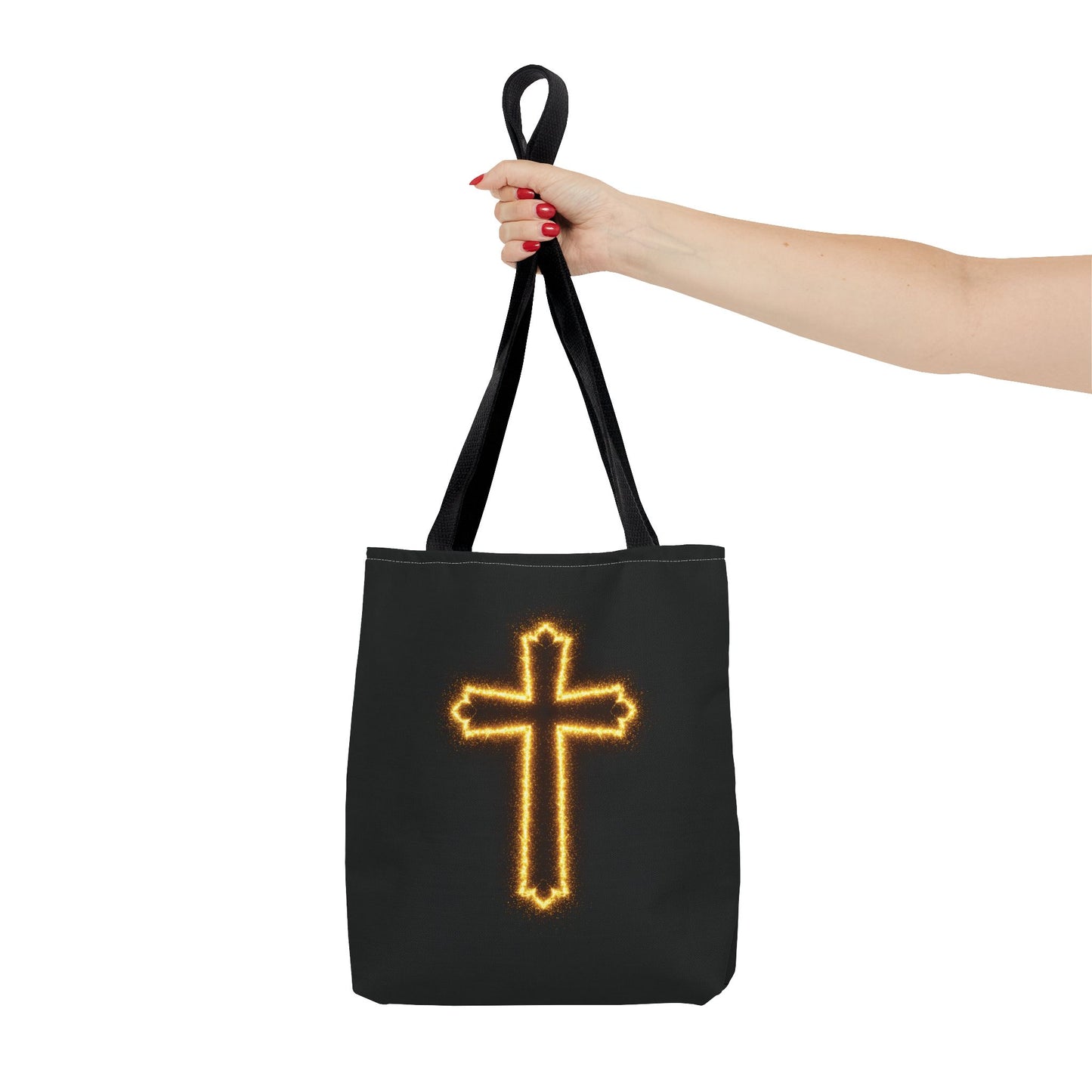 Christian Cross Tote Bag | Glowing Light Faith Bag | Inspirational Religious Gift | Black Canvas Tote | Spiritual Reusable Shopper