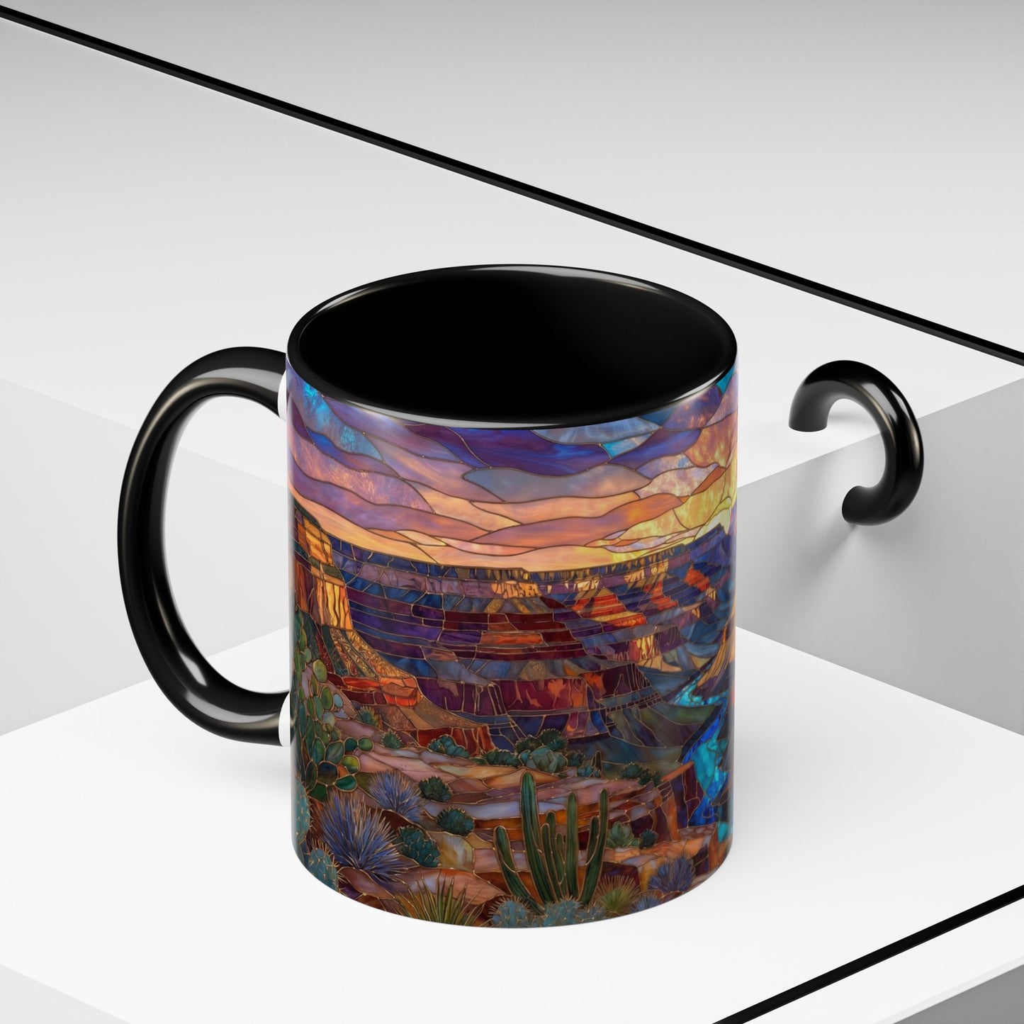 Stained Glass Grand Canyon Mug, Southwest Landscape Coffee Cup, Sunset Canyon Art Mug, Nature Gift For Hikers, Colorful Scenic Grand Canyon Illustration